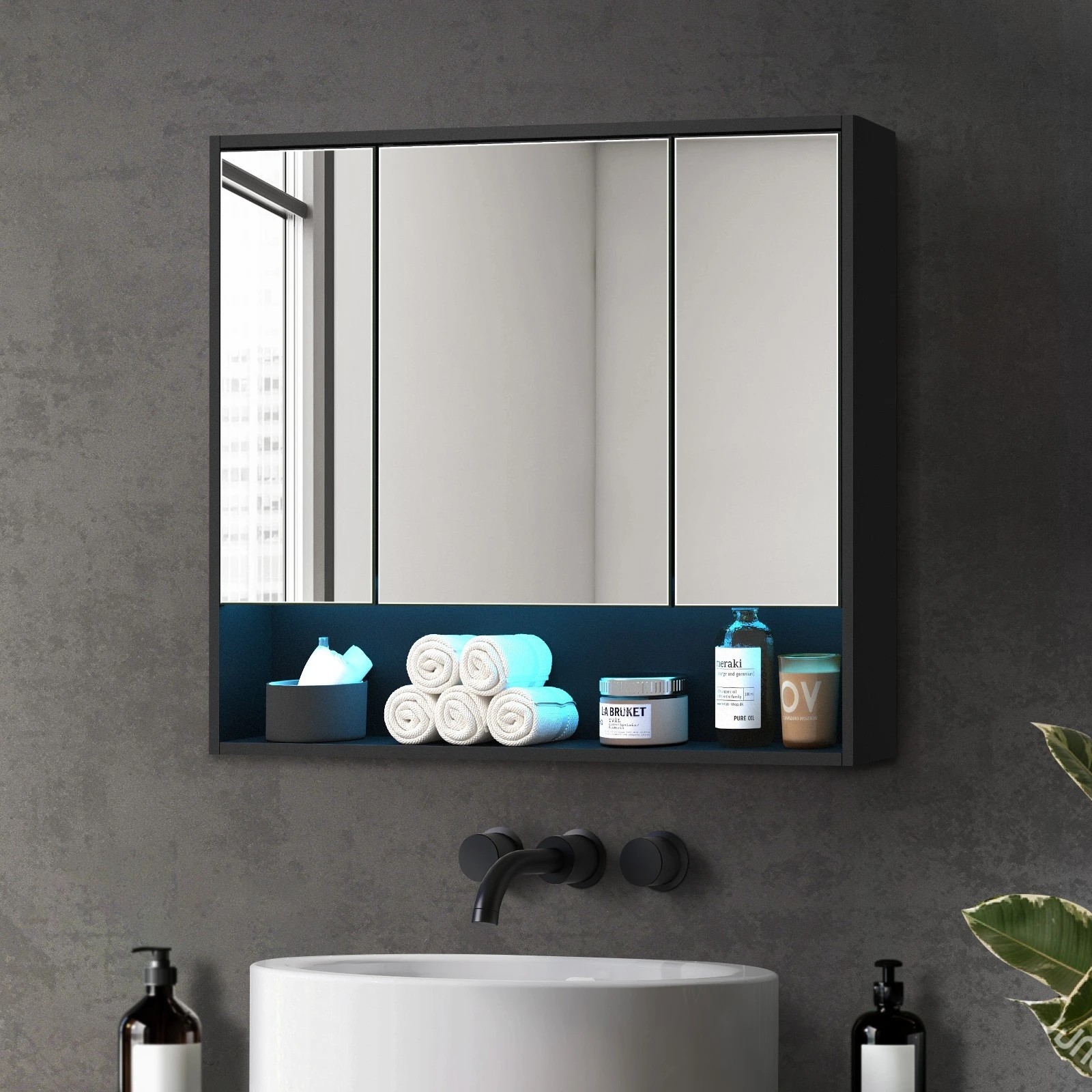 2 Welba Bathroom Mirror Cabinet Storage 900x750mm - Black, 2 of 7