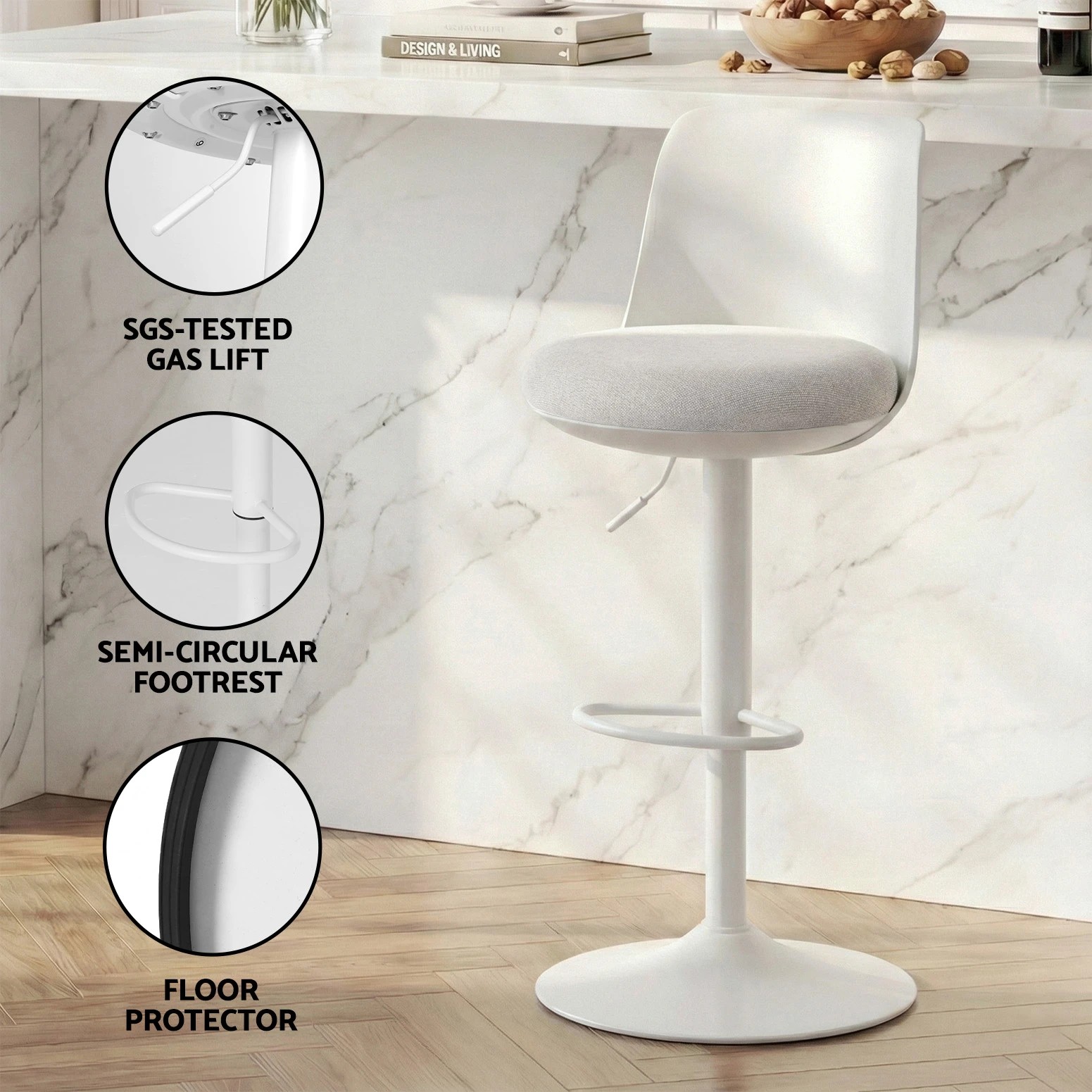 4 Artiss 2x Bar Stools Kitchen Swivel Gas Lift Counter Dining Chair Curved - White, 4 of 7
