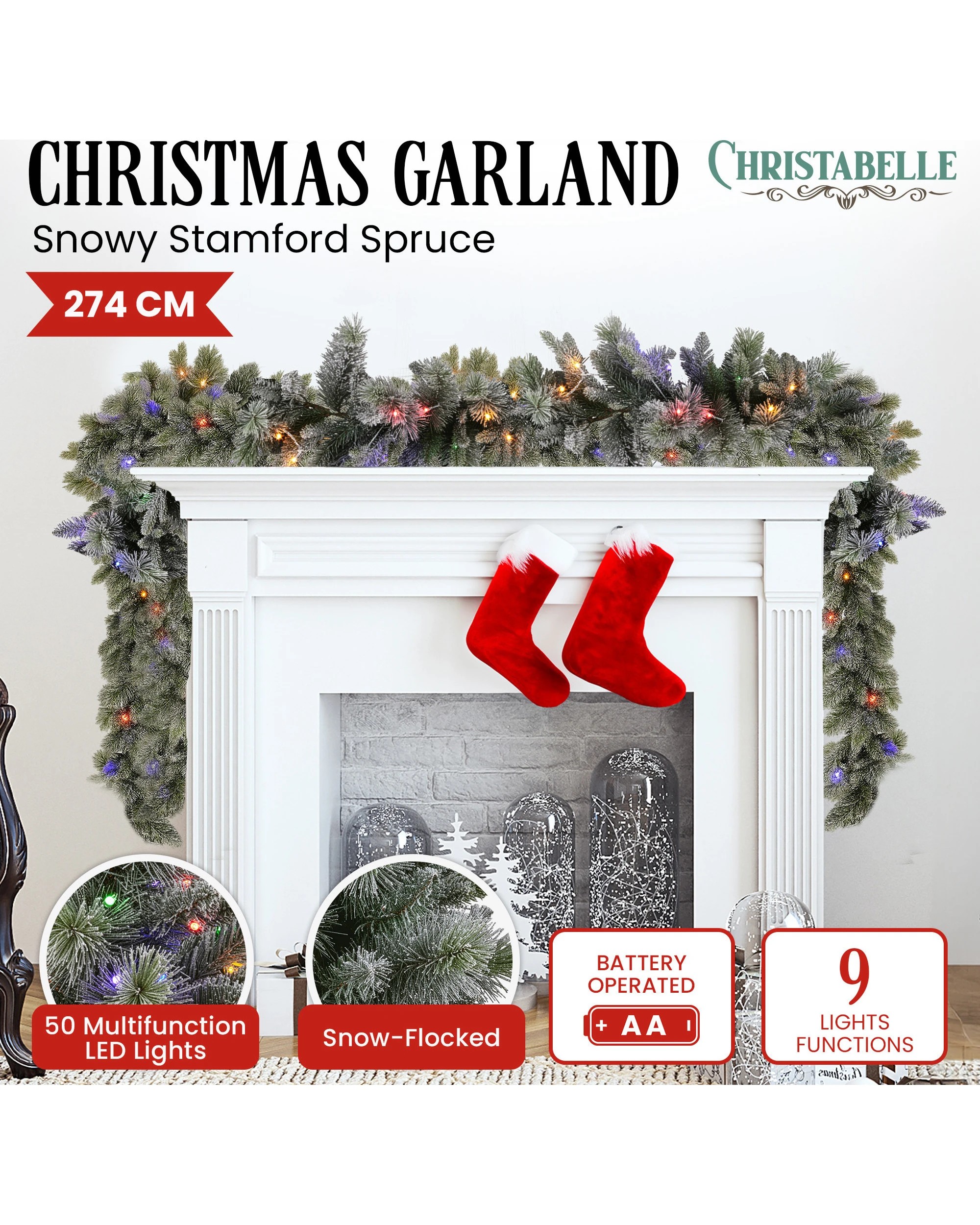 8 Christabelle 2.7m Christmas Garland Snowy With Led Lights Stamford Spruce Tree Decoration Ornament, 8 of 8