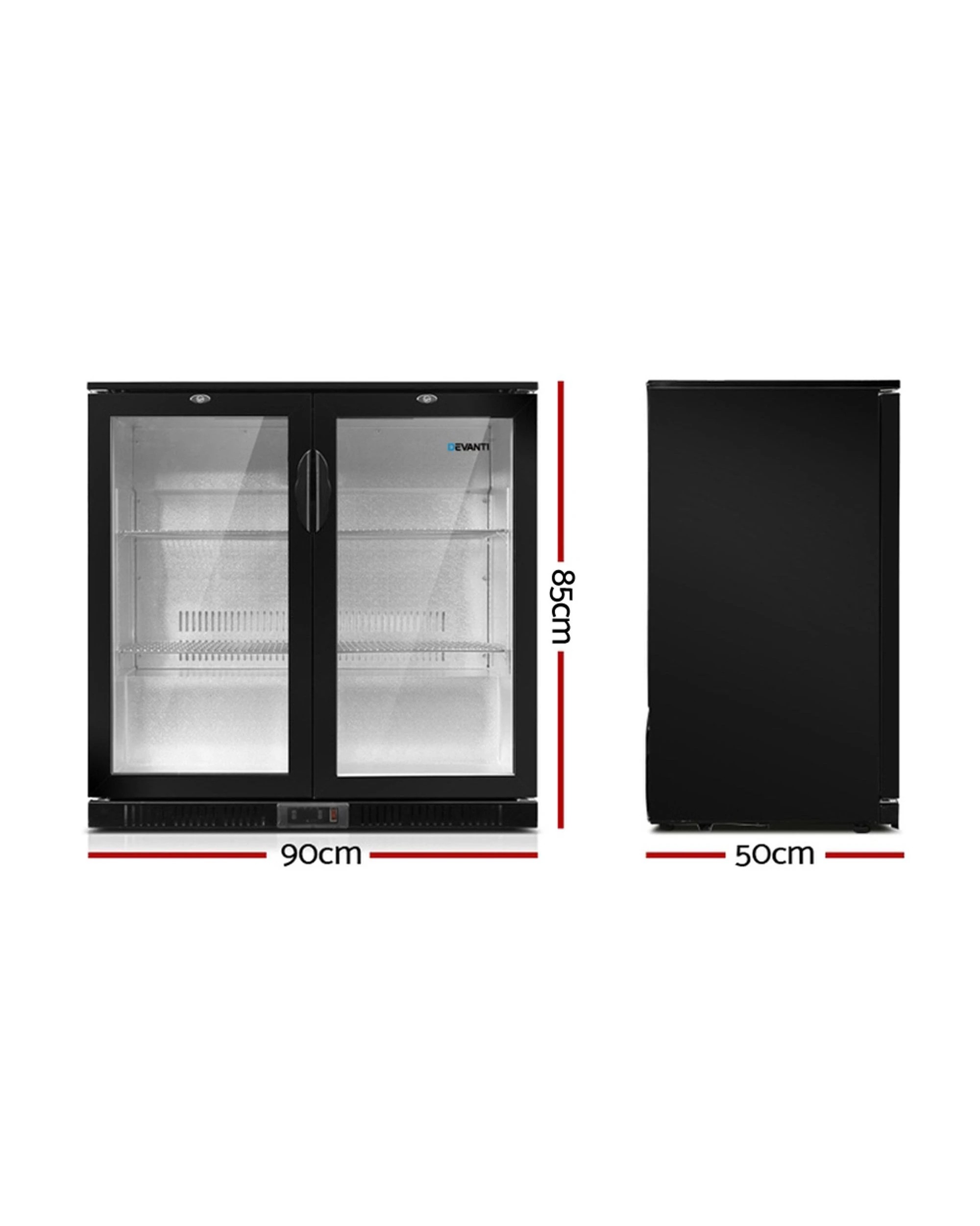 2 Devanti 198L Bar Fridge Dual Glass Door with Light Beverage Adjustable Shelves Quiet Lockable - Black, 2 of 7