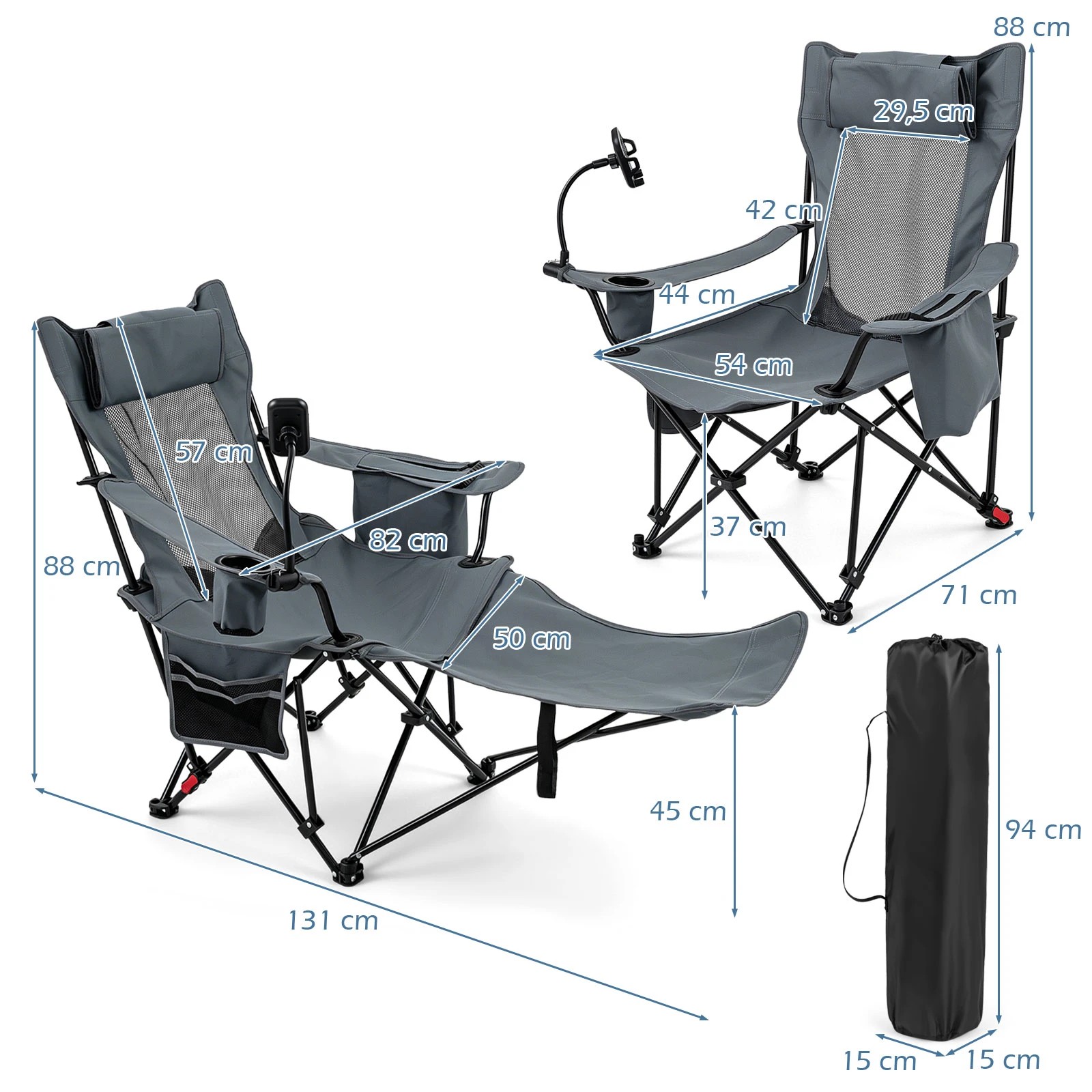 3 Costway 2-in-1 Reclining Camping Chair Folding Lounge w/Detachable Footrest & Phone Stand - Grey, 3 of 3