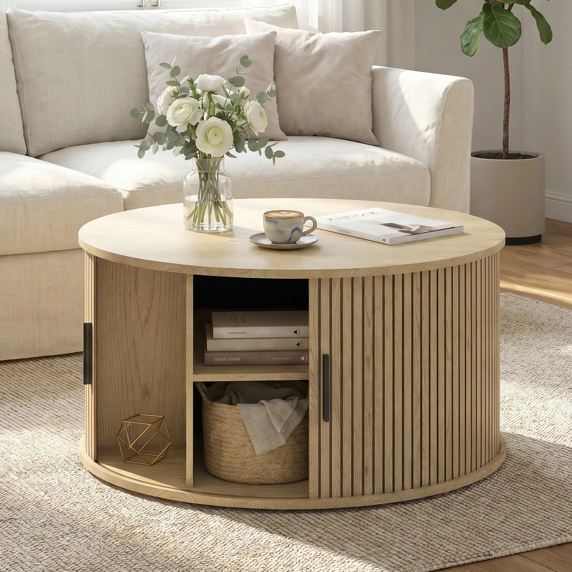 3 Advwin Round Coffee Table with Sliding Door 80cm Mid Century Fluted Tambour Door Design Center Table - Natural, 3 of 7