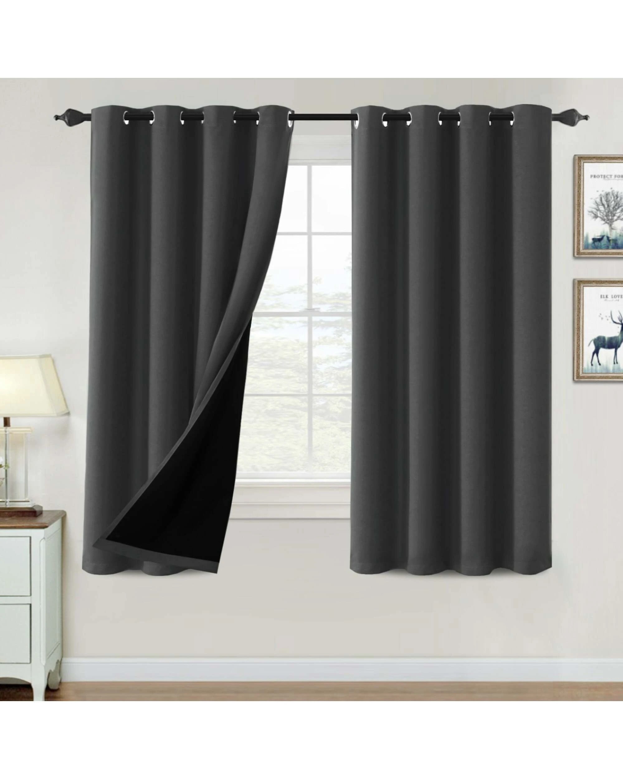 1 Smarcute Blockout Grommet Curtain with Black Liner Backing - 2X 132x160cm - Charcoal, 1 of 4