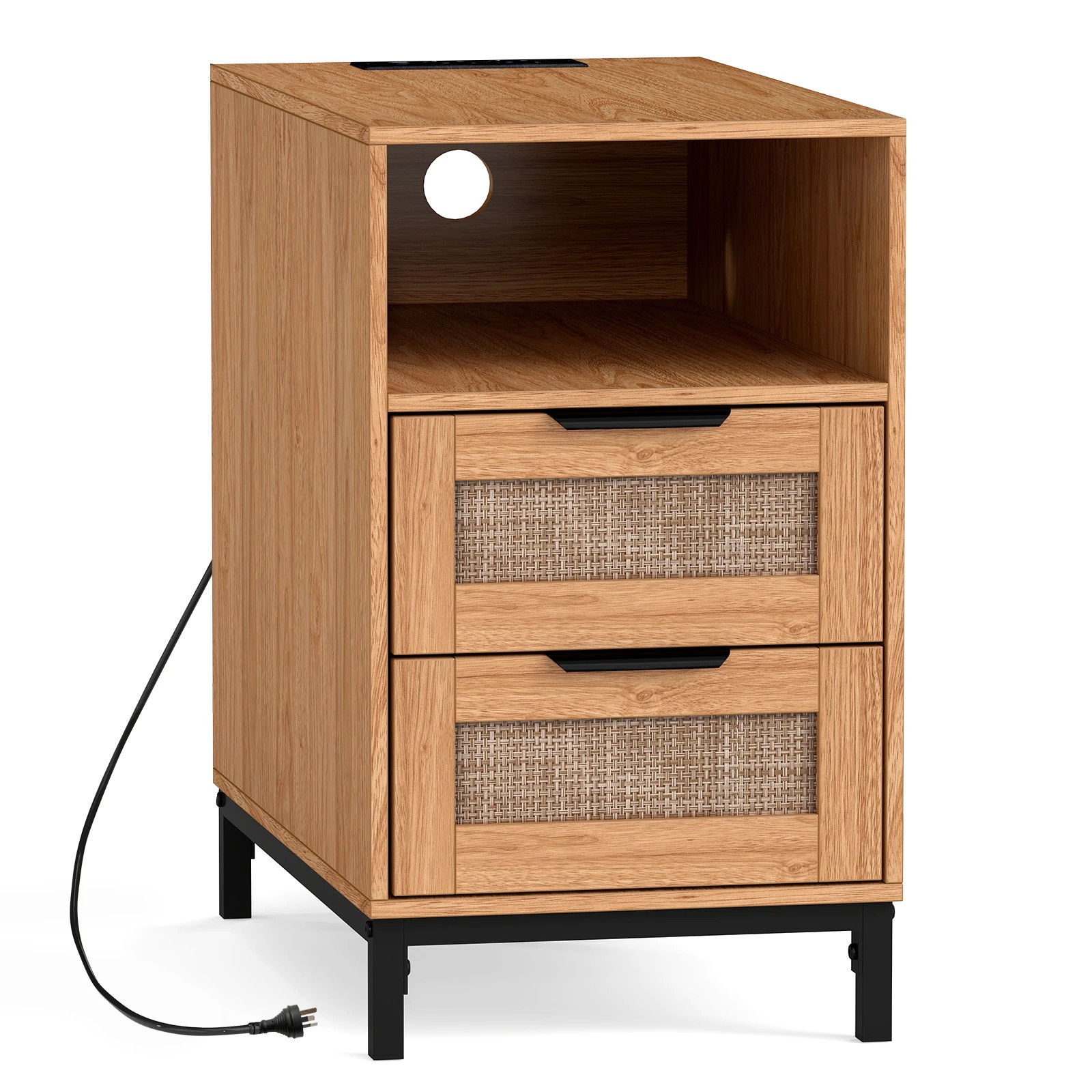 1 Costway Boho End Side Table w/Charging Station Rattan Nightstand - Natural, 1 of 5