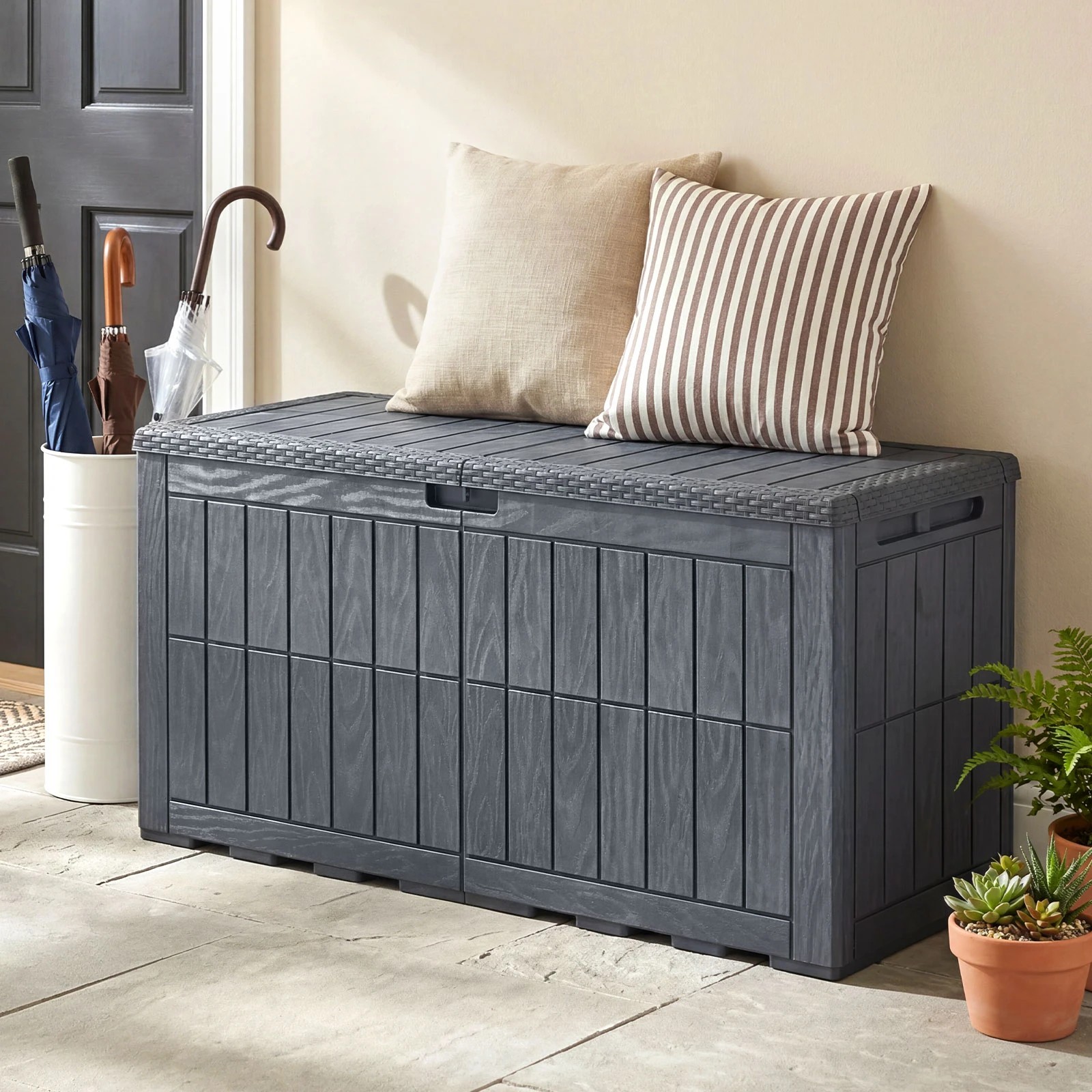 4 Costway 380L Outdoor Deck Box Patio Bench All-Weather Storage Bin w/Handles - Grey, 4 of 6
