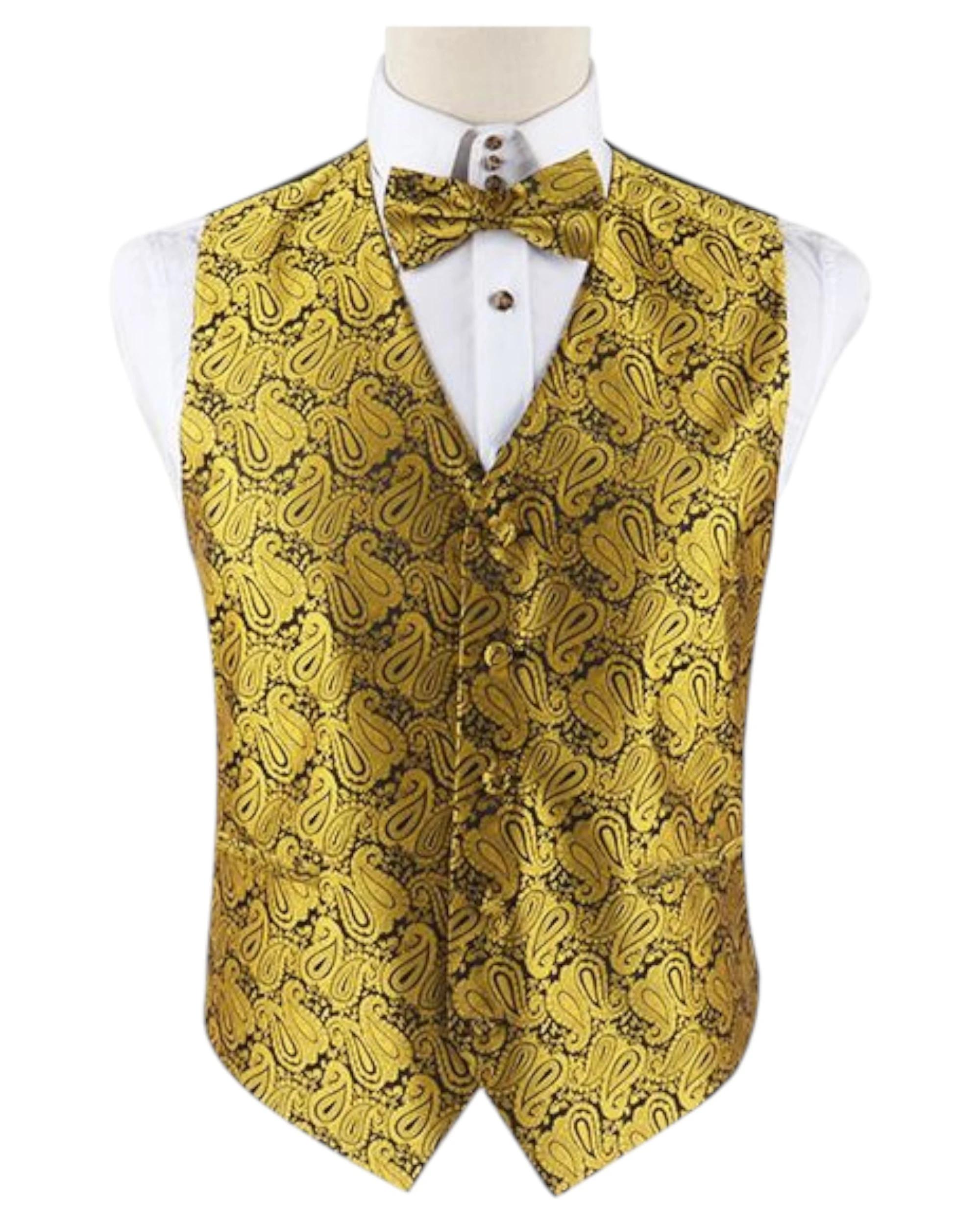 1 Zasel Mens Boho Paisley Patterned Vest Waistcoat & Matching Bow Tie MUSTARD GOLD, 1 of 1