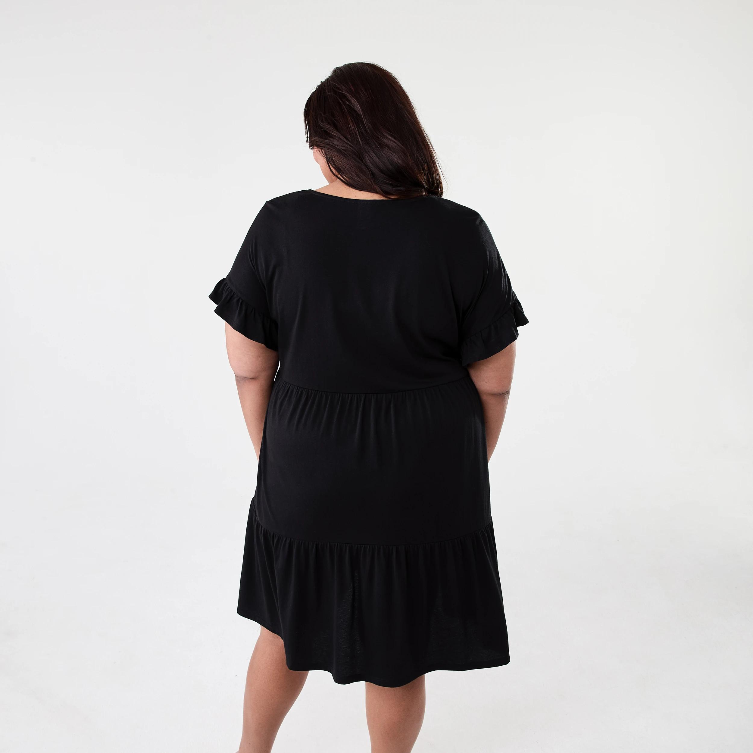 3 Curve Short Sleeve Frill Tier Knit Mini Dress Black, 3 of 9