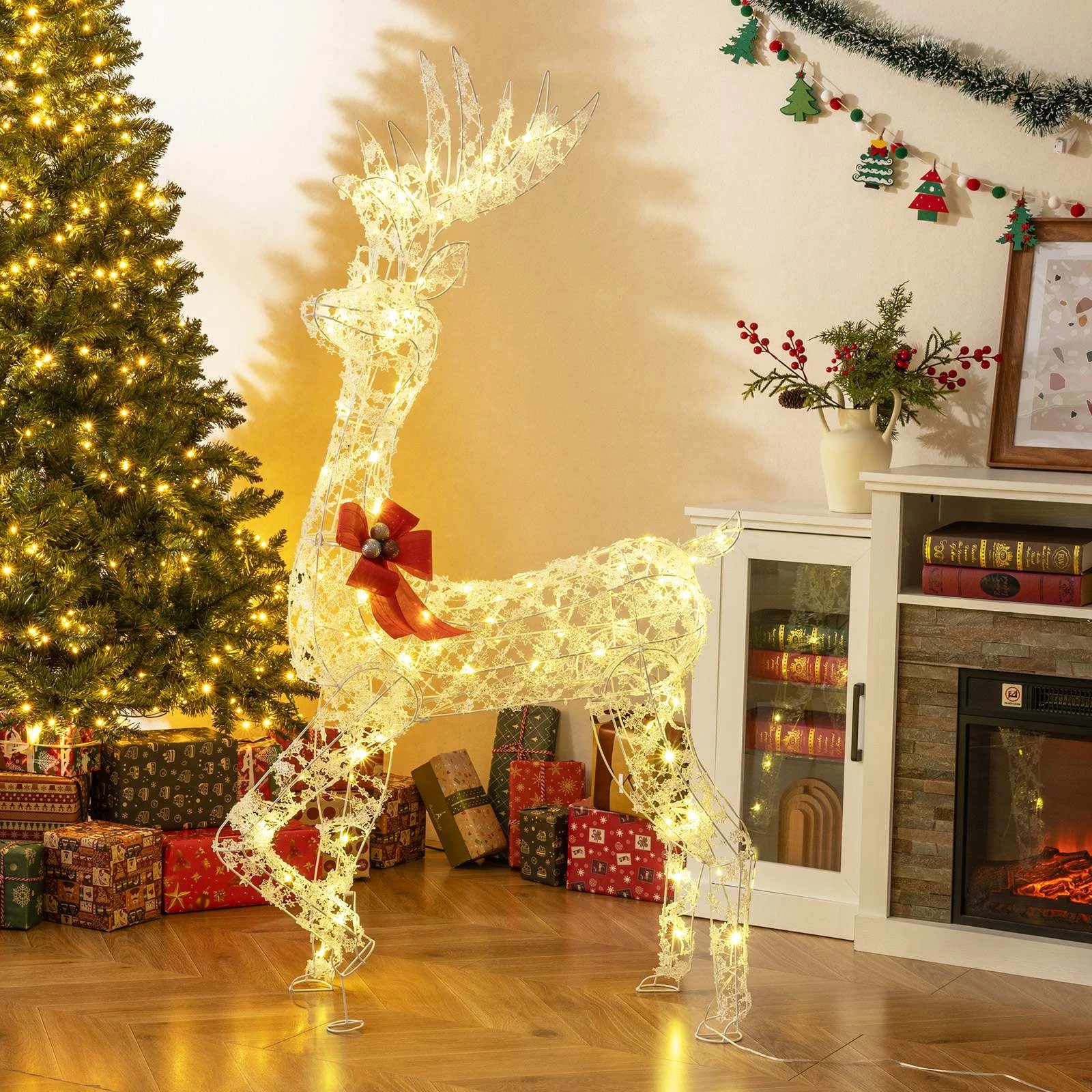 2 Costway Pre-Lit Christmas Reindeer 1.5M 3D Standing Buck Deer Xmas Holiday Decoration w/LED Lights, 2 of 3