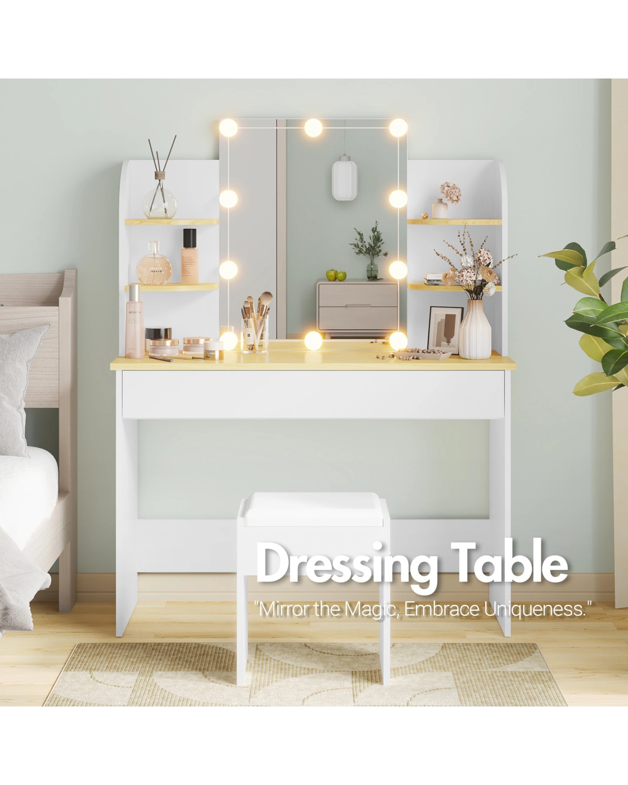 3 Advwin Dressing Table Stool Led Bulbs Makeup Mirror Vanity Desk With Open Shelves And Drawers Dresser - White, 3 of 10