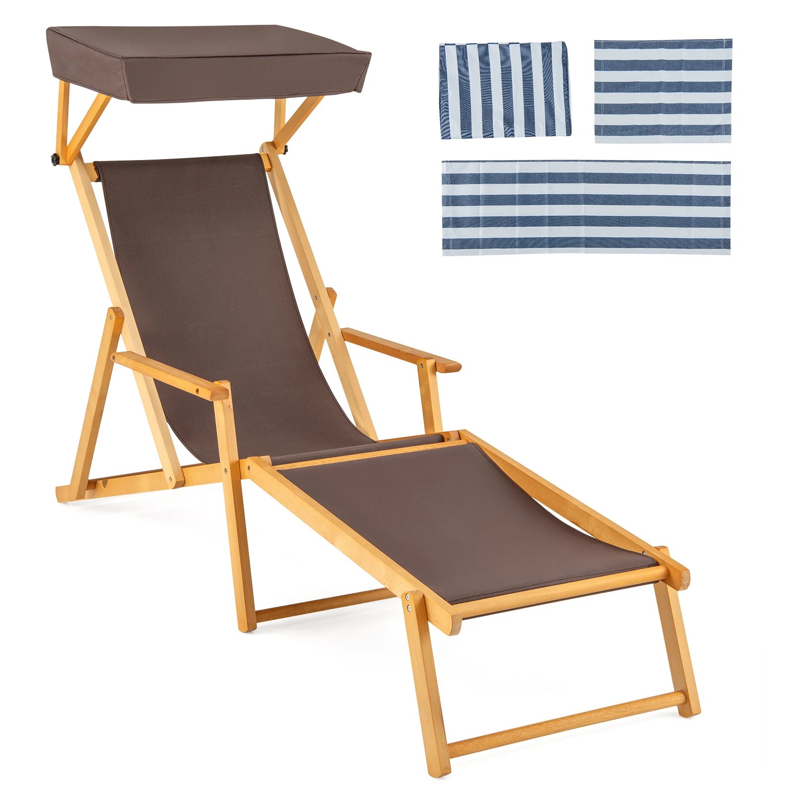 1 Costway Birch Wood Chaise Lounge Chair w/Adjustable Canopy Reclining Backrest - Brown, 1 of 1