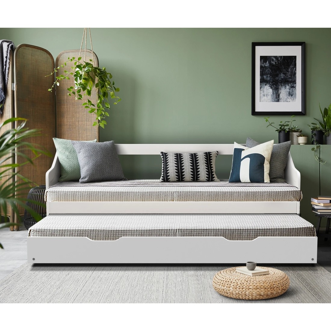 4 Oikiture Trundle Bed Frame Daybed Single Size Base Timber Wooden Single Beds X2
 - White, 4 of 10