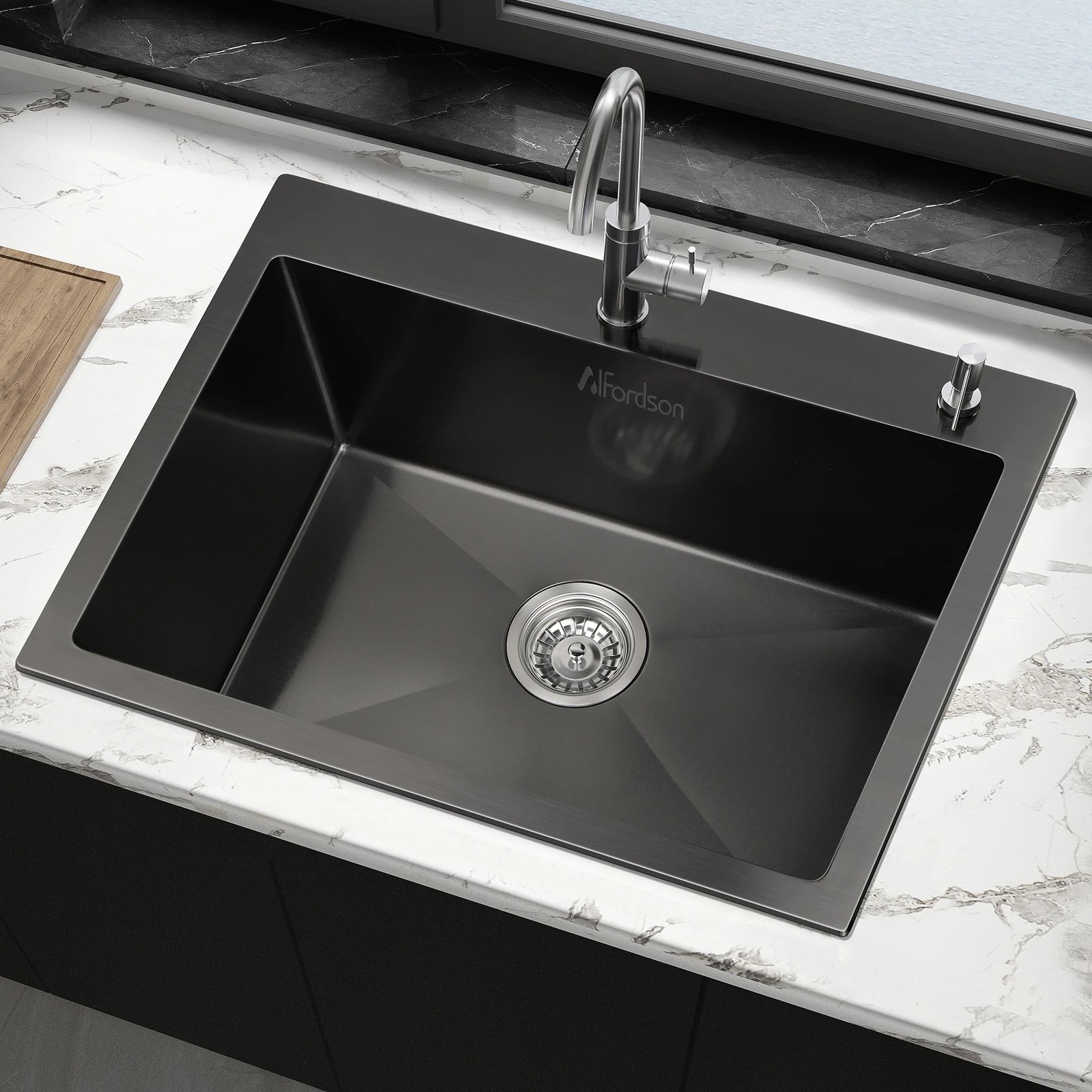 2 Alfordson Kitchen Sink 60x45cm Stainless Steel Basin Single Bowl - Black, 2 of 8