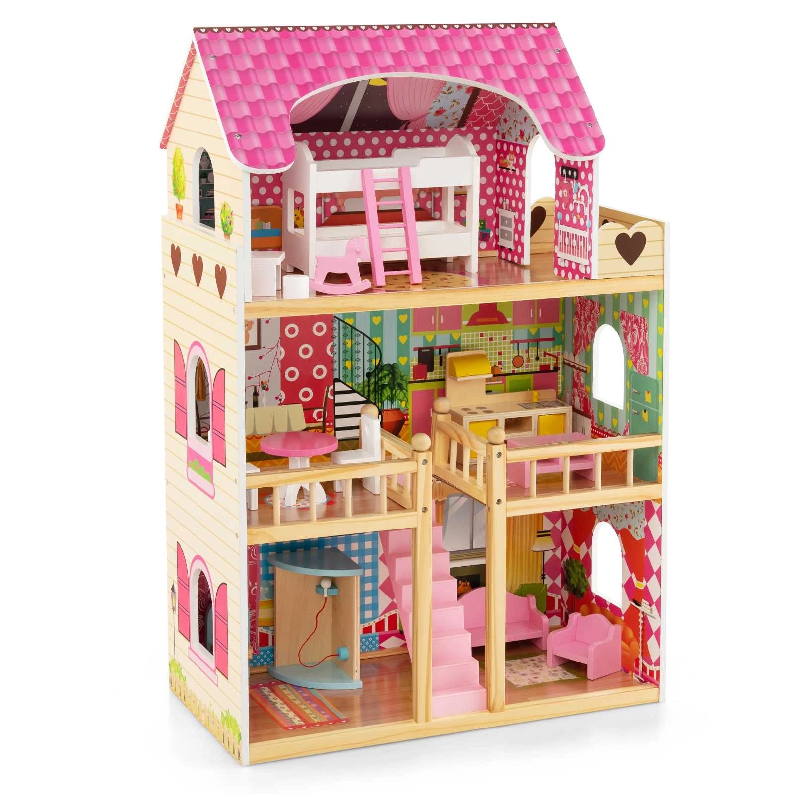 1 Costway 3-Story Pretend Play DollHouse Wooden Dollhouse w/6 Rooms & 15 Furniture - Pink, 1 of 3