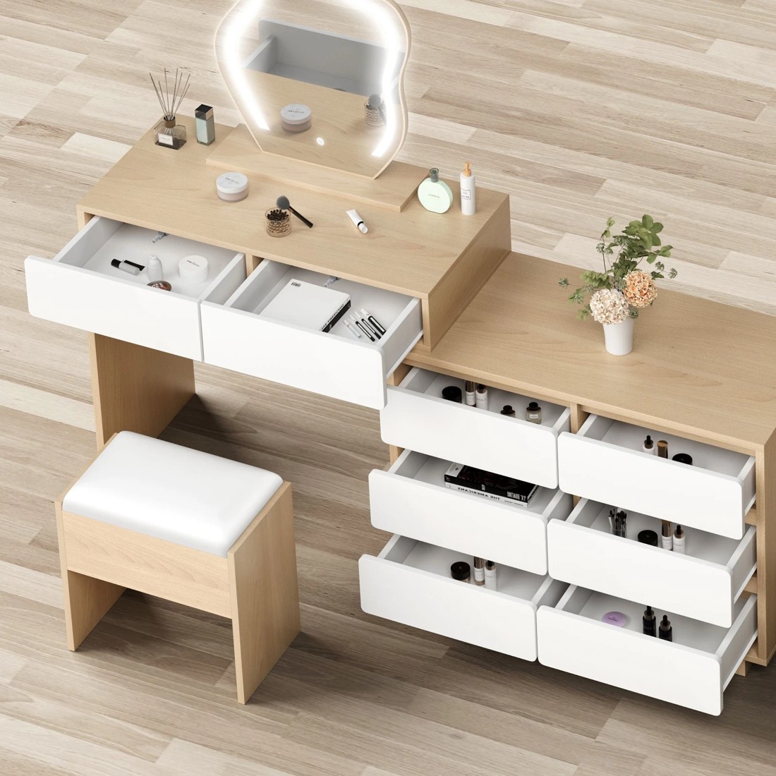 2 Alfordson Dressing Table Stool Set Makeup Mirror Desk LED 8 Drawers - Oak, 2 of 10