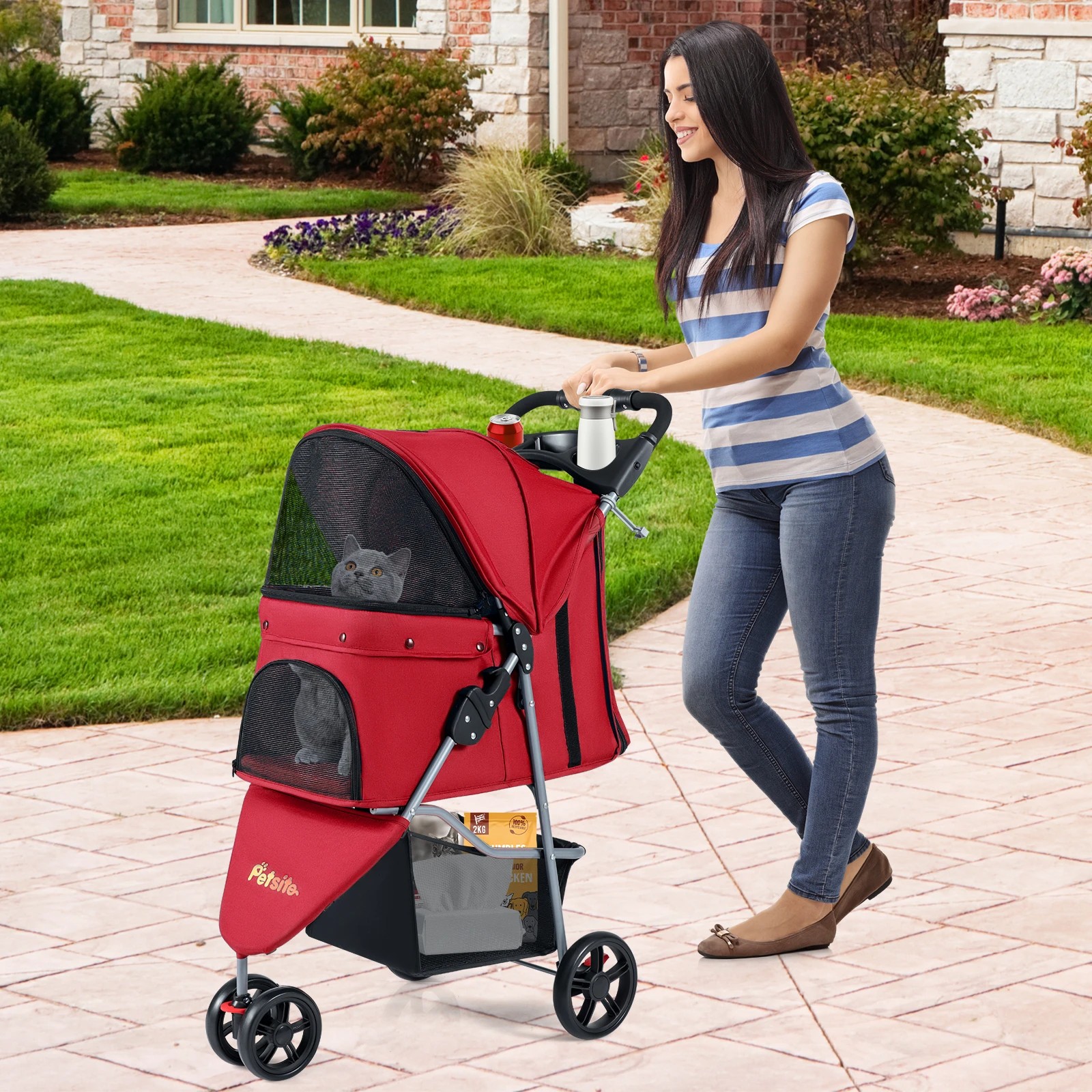 3 Costway Folding Pet Stroller One-click Dog Cat Strolling Cart w/Adjustable Canopy - Red, 3 of 4