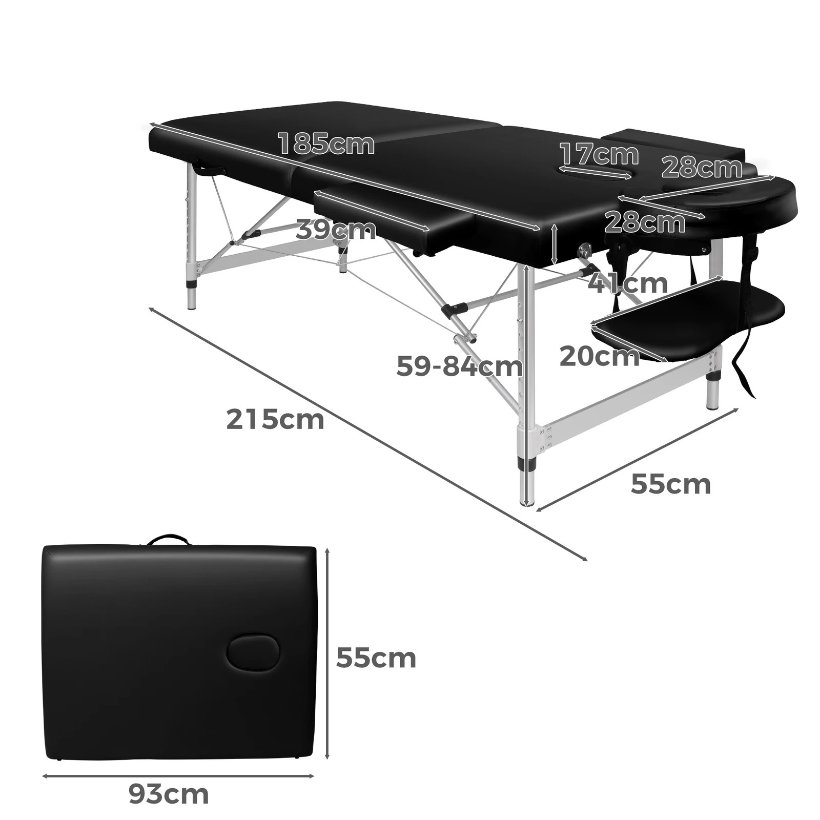 4 Alfordson Massage Table 2 Fold 55cm Foldable Portable Bed Desk Aluminium Lift Up - Black, 4 of 4