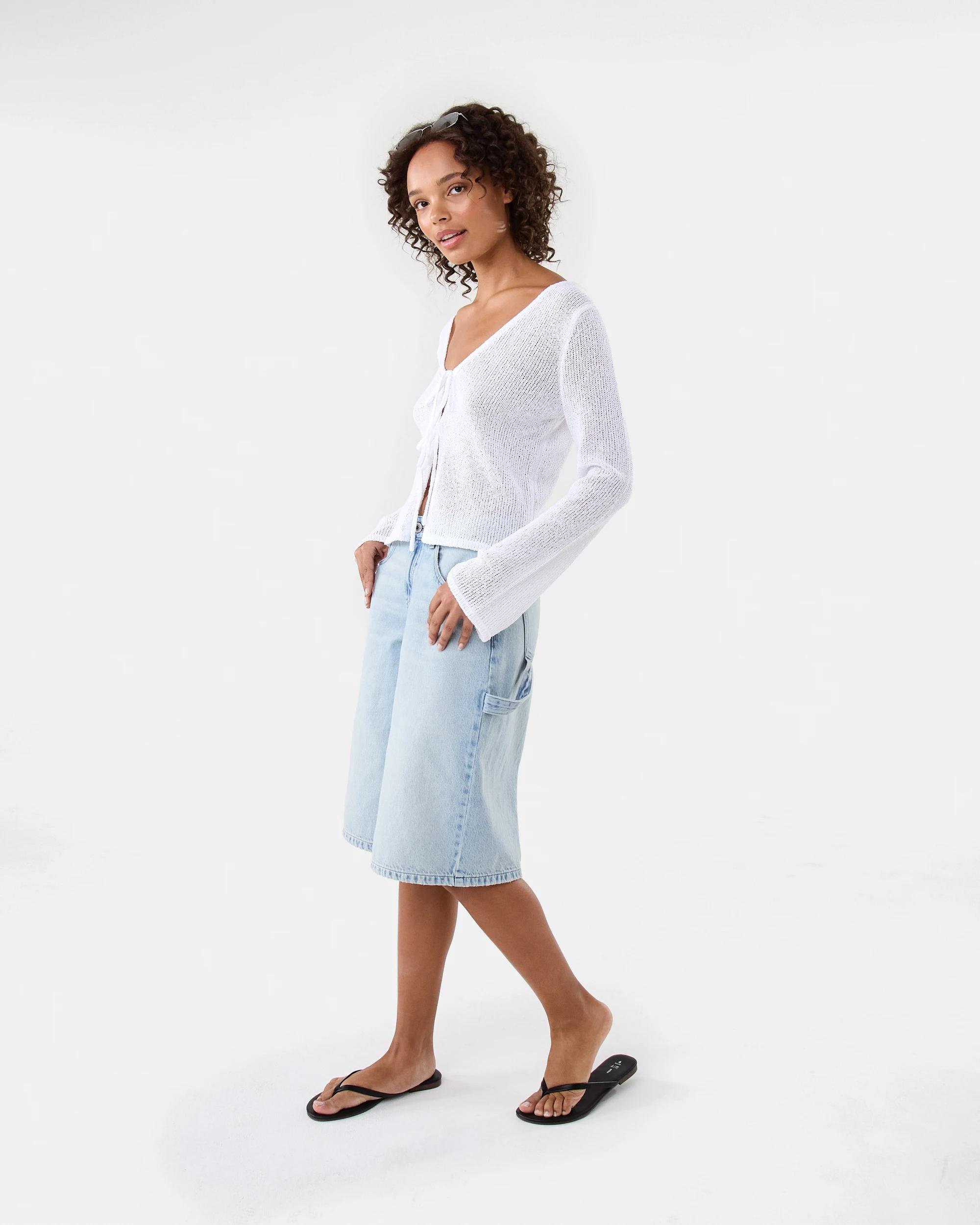 3 Long Sleeve Open Tie Knit Cardigan White, 3 of 7