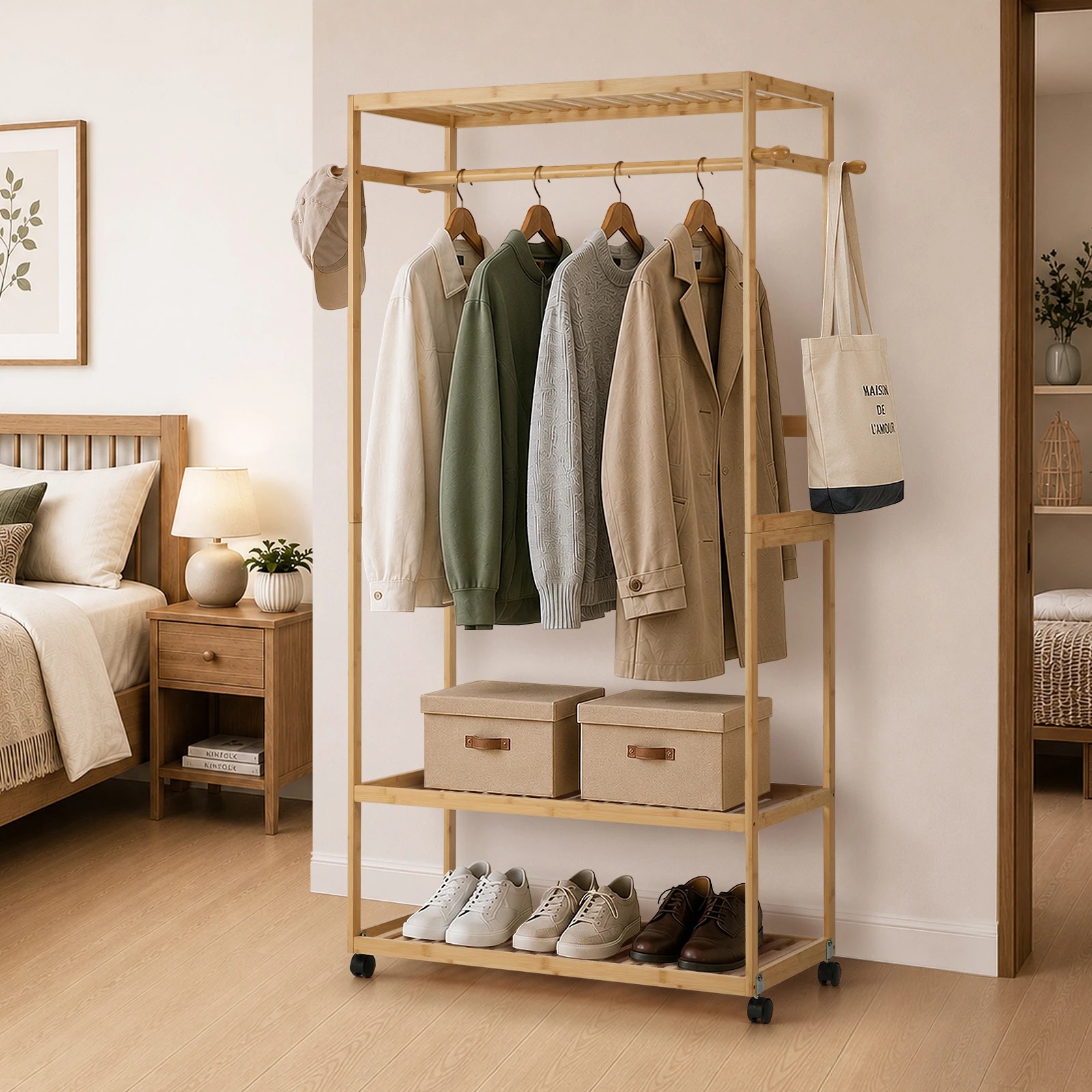 3 Oikiture Clothes Rack Open Wardrobe Garment Coat Stand Bamboo 2 Shelves Wheels - Natural, 3 of 8