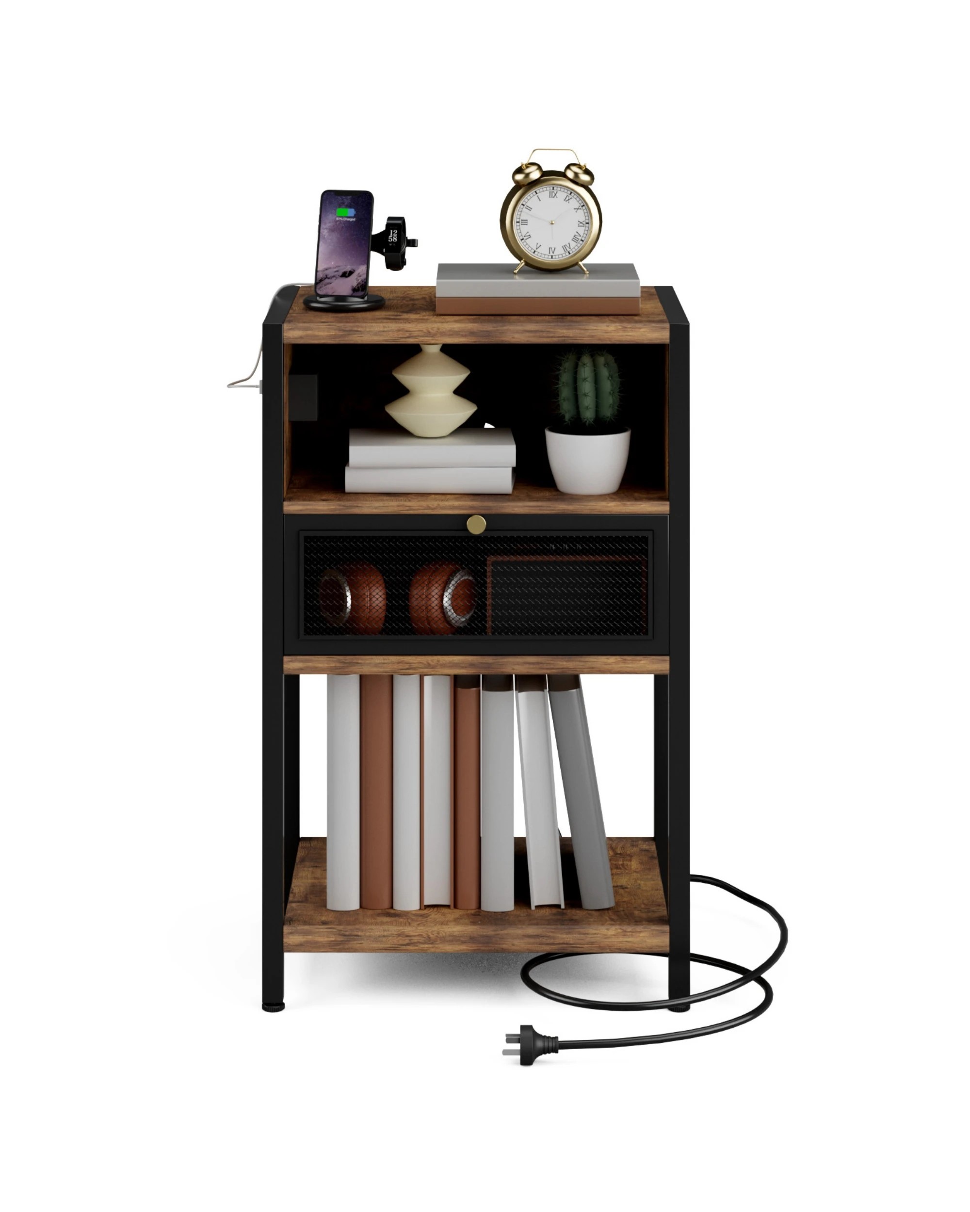 6 Advwin Bedside Table with Charging Station Metal Mesh Drawer Nightstand Side Table - Brown, 6 of 9