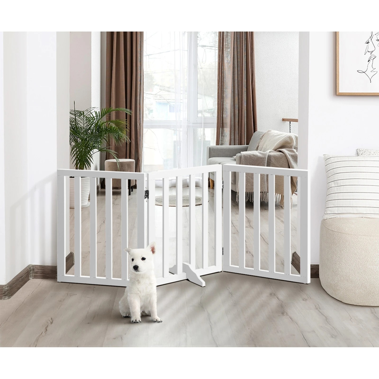 2 Alopet Wooden Pet Gate Dog Fence Safety Stair Barrier Security Door 3 Panels - White, 2 of 10