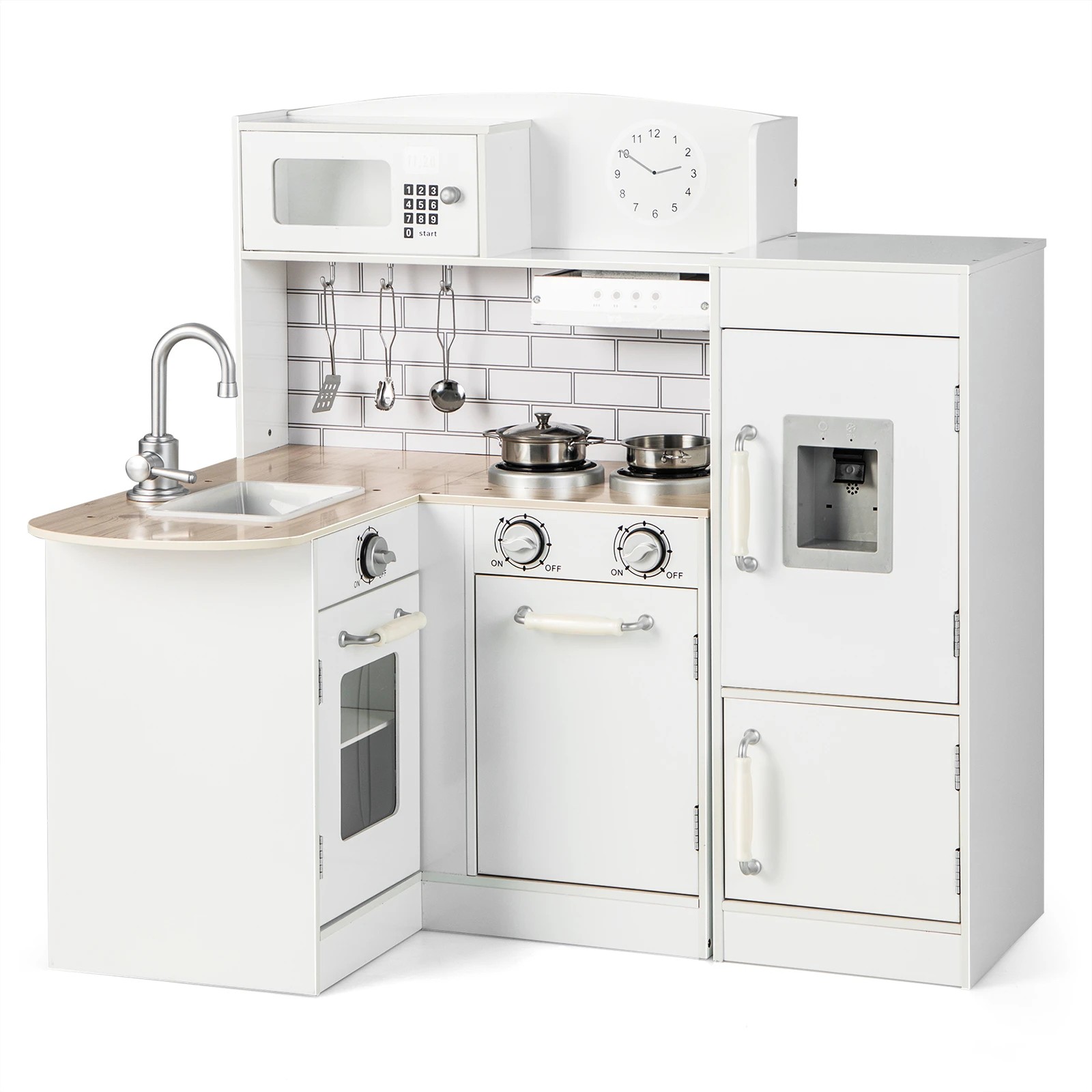 1 Costway Corner Kitchen Playset Wood Pretend Cooking Toys w/Sound - White, 1 of 1