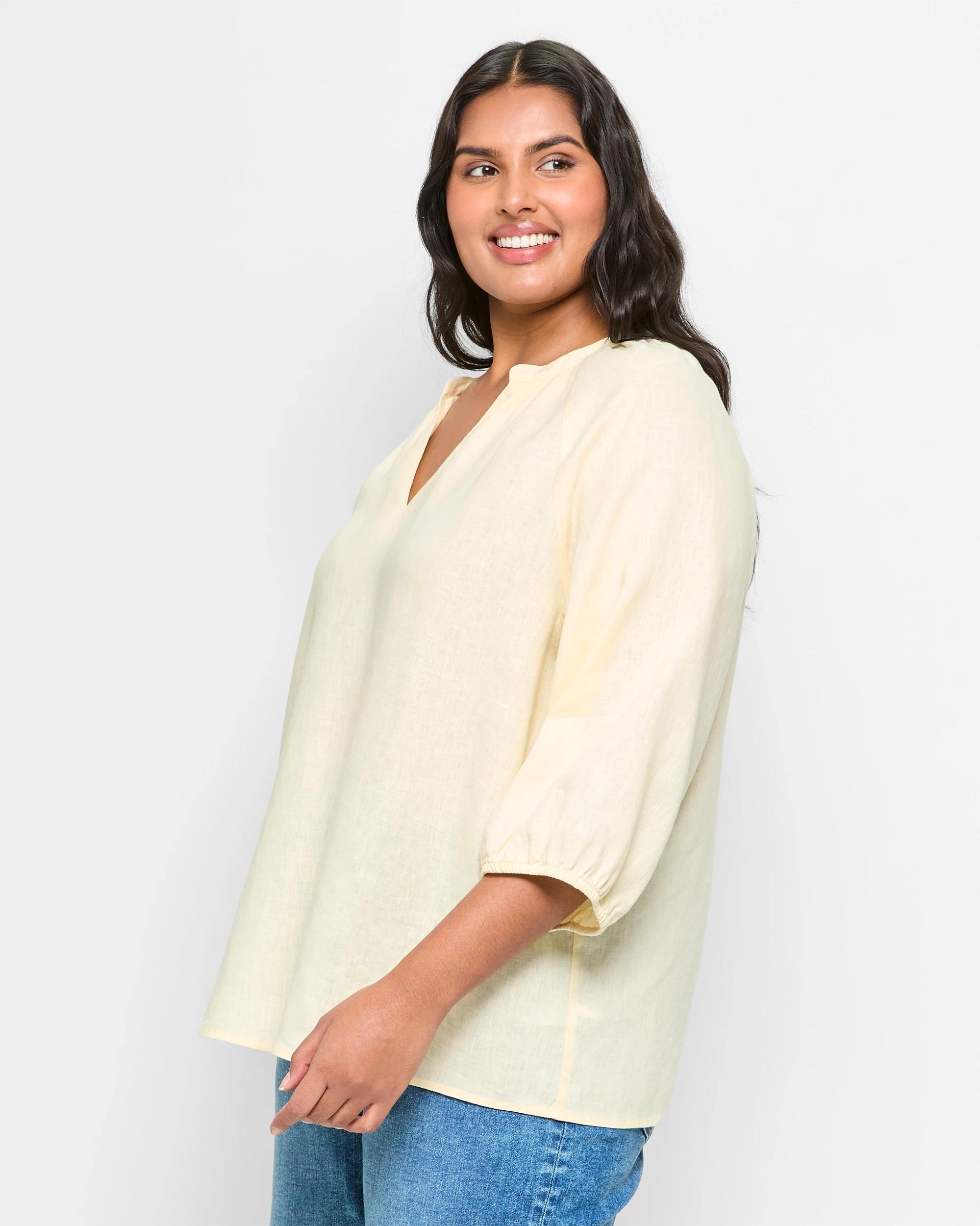 3 Target Curve Plus-size European Linen Popover Blouse — Soft Butter Yellow (size 16+) SOFT BUTTER, 3 of 5