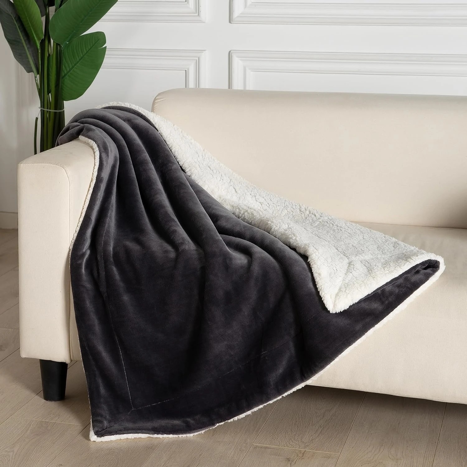 1 Gioia Casa Teddy Sherpa Throw Reversible Soft Flannel Velvet Throw Blanket - Charcoal, 1 of 5