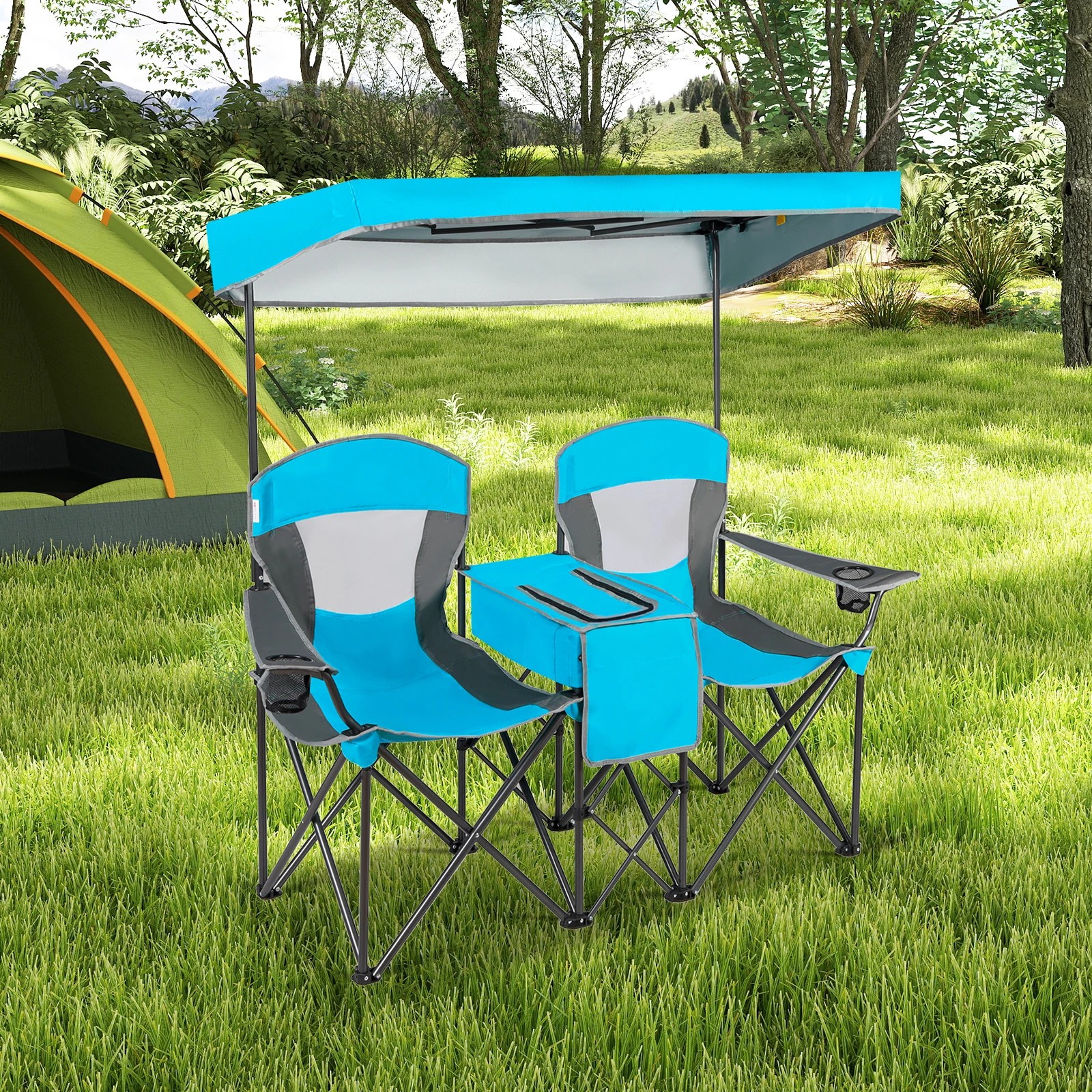 2 Costway Outdoor Beach Chairs Folding Camping Chairs Sun Shade w/Canopy & Carry Bag - Blue, 2 of 3