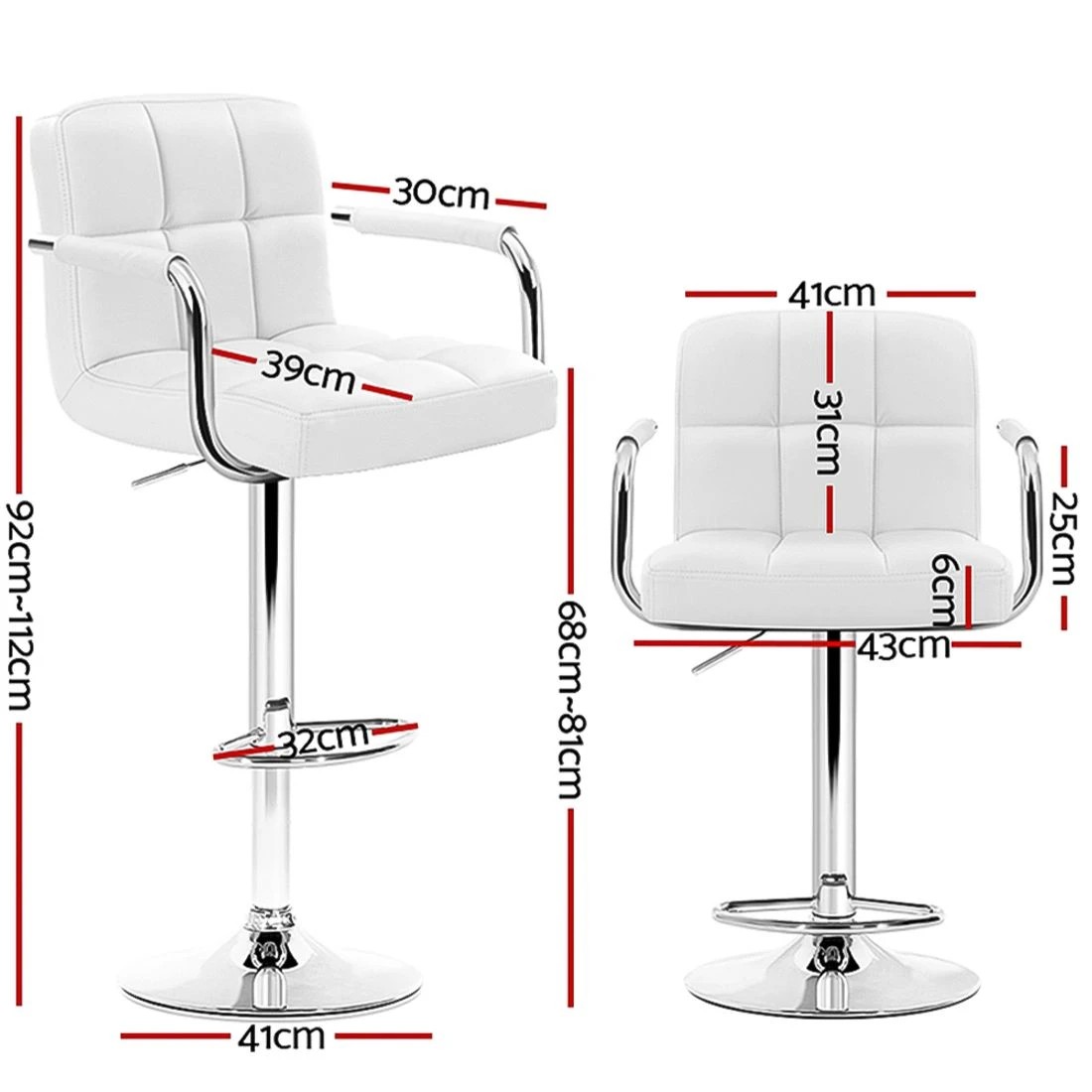 2 Artiss 4x Bar Stools Leather Gas Lift w/Armrest - White, 2 of 7