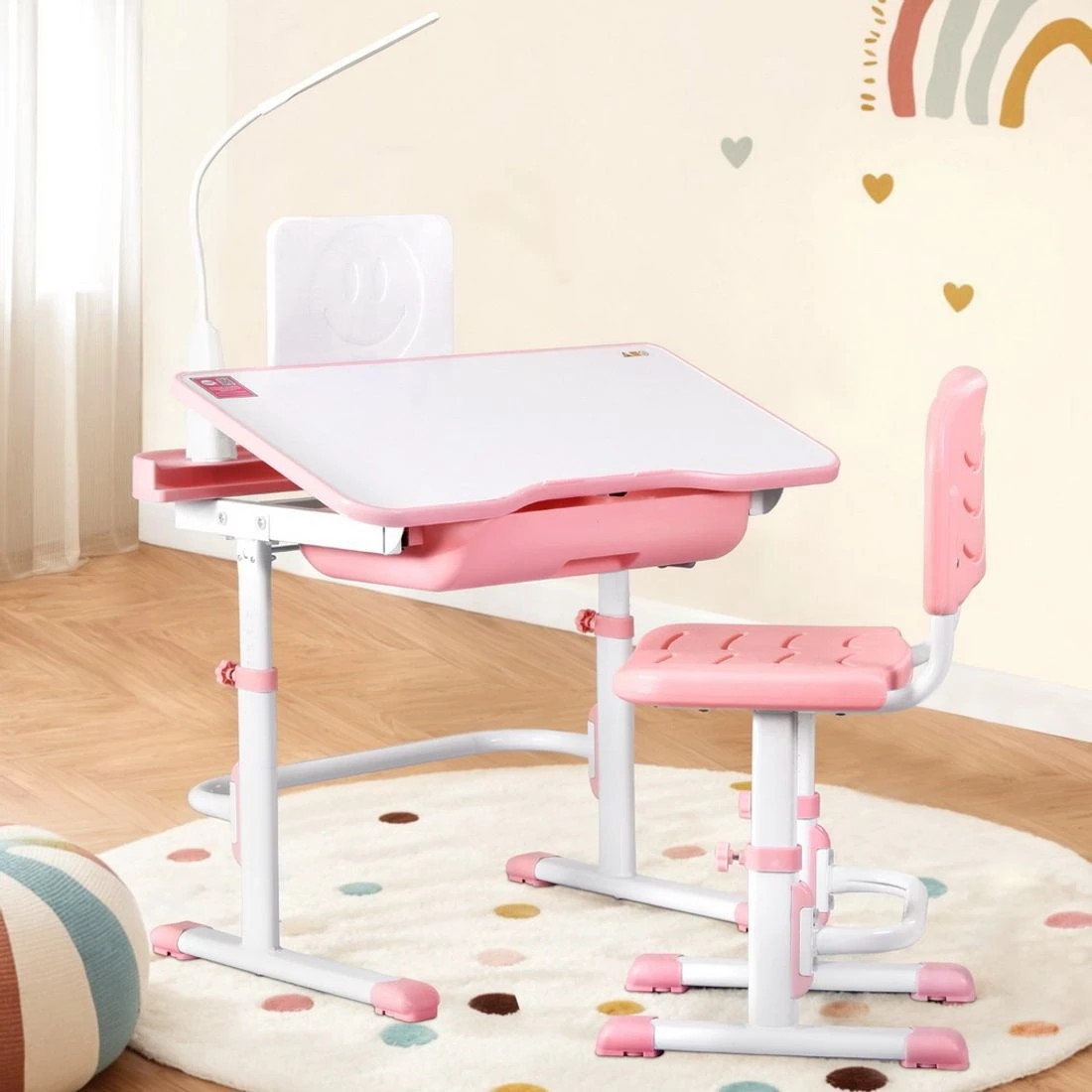 3 Keezi Kids Table and Chair Set Adjustable Study Desk w/ LED Lamp Reading - Pink, 3 of 7