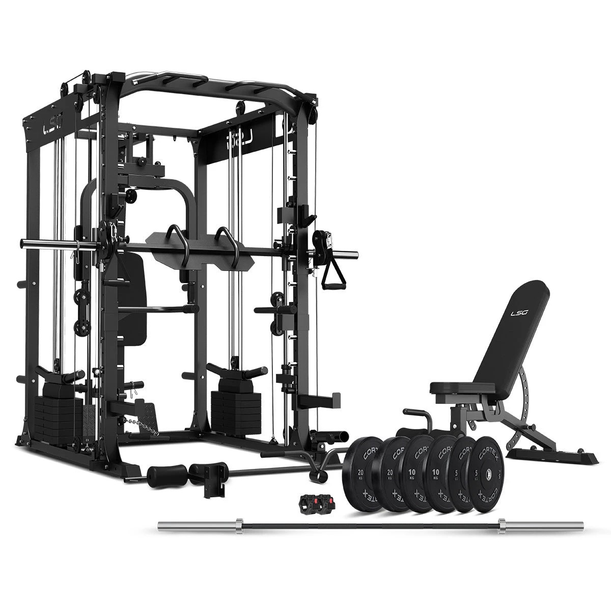 1 LSG GRK200 Home Gym Station, Power Rack, Smith Machine and Cable Crossover + 90kg Olympic Barbell & Bumper Plate Set, 1 of 10