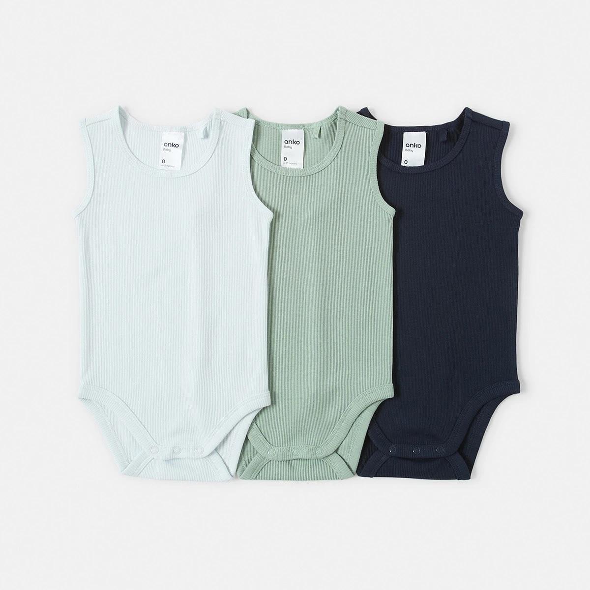 1 3 Pack Sleeveless Rib Bodysuits Green Blue, 1 of 8