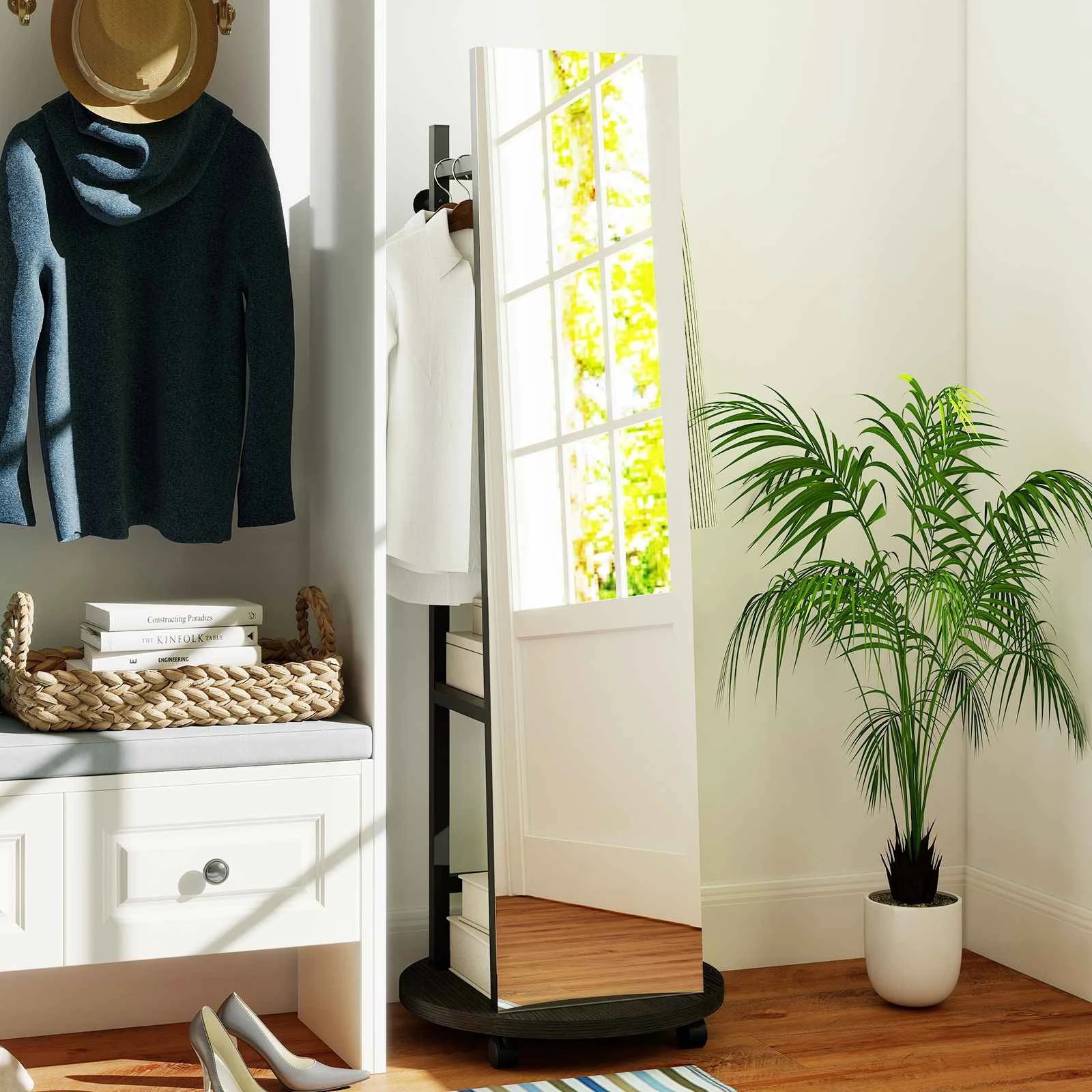 2 Costway Mobile Coat Rack Clothes Tree Hanger w/360°Swivel Full Length Mirror - Black, 2 of 4