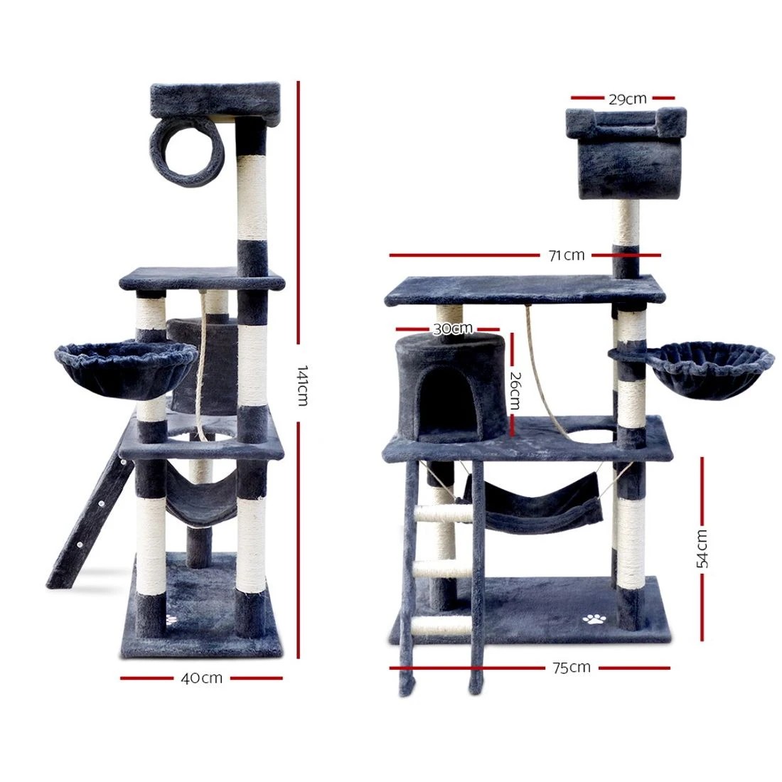 2 i.Pet Cat Tree 141cm Tower Scratching Post Scratcher Condo Wood House Bed - Grey, 2 of 7