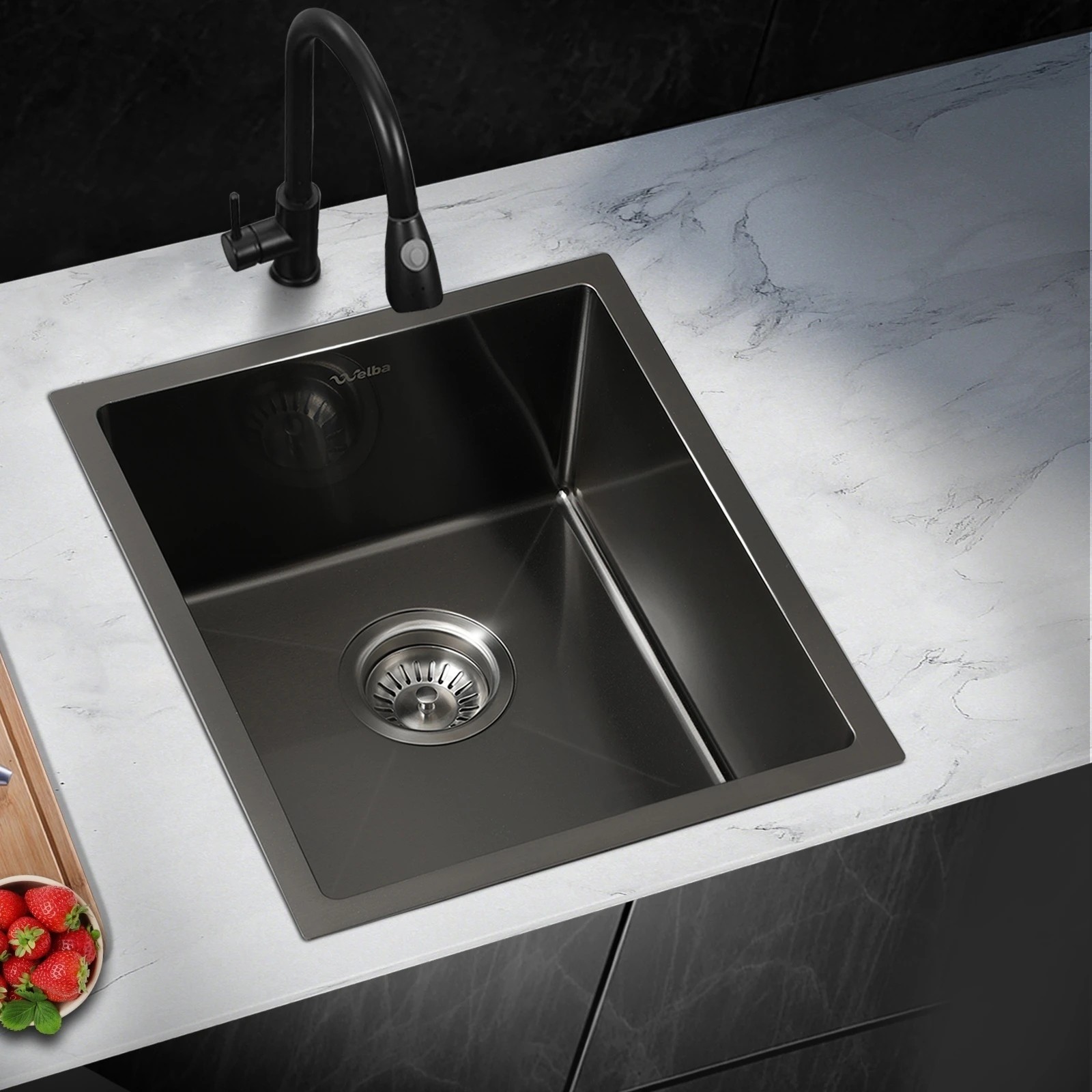 2 Welba Kitchen Sink 44X38CM Stainless Steel Single Bowl Basin With Waste - Black, 2 of 6