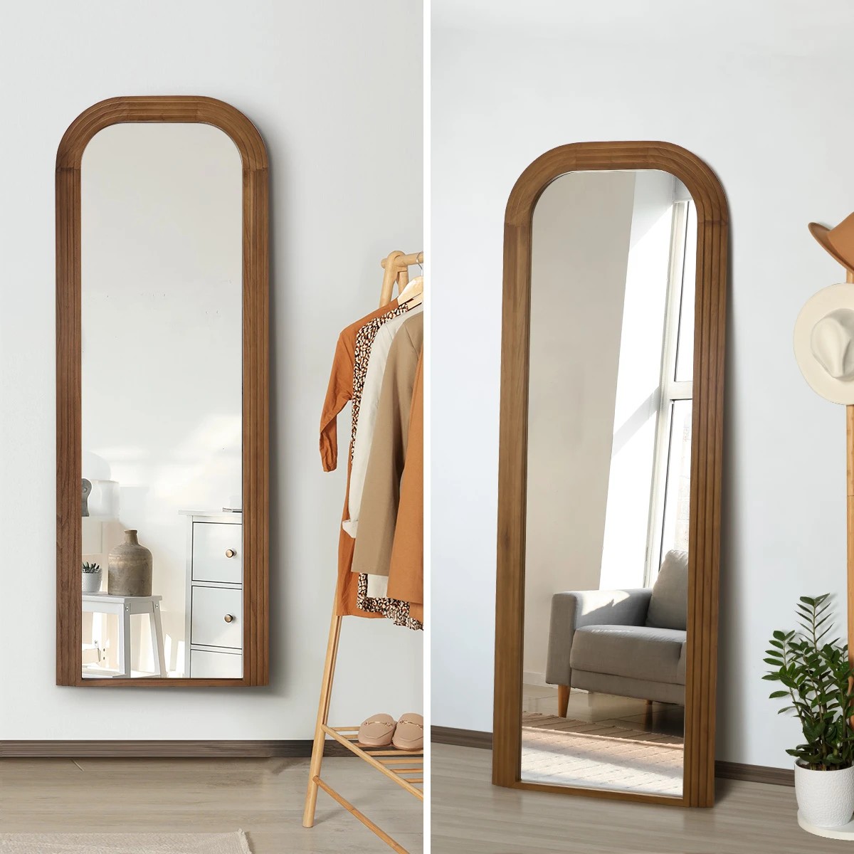 5 Oikiture Full Length Arch Mirror 165x60cm Wood Top Rounded Corner Bedroom - Brown, 5 of 10