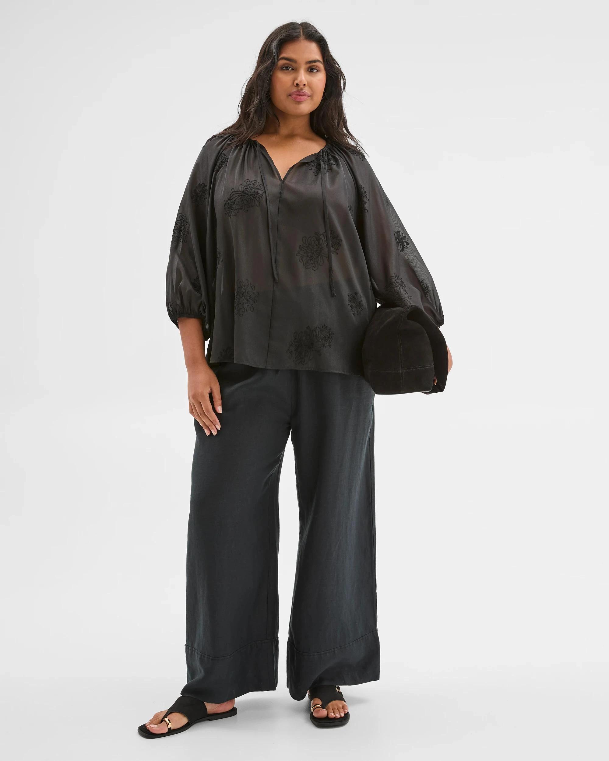 3 Target Plus Size 3/4 Sleeve Applique Detail Blouse BLACK, 3 of 7