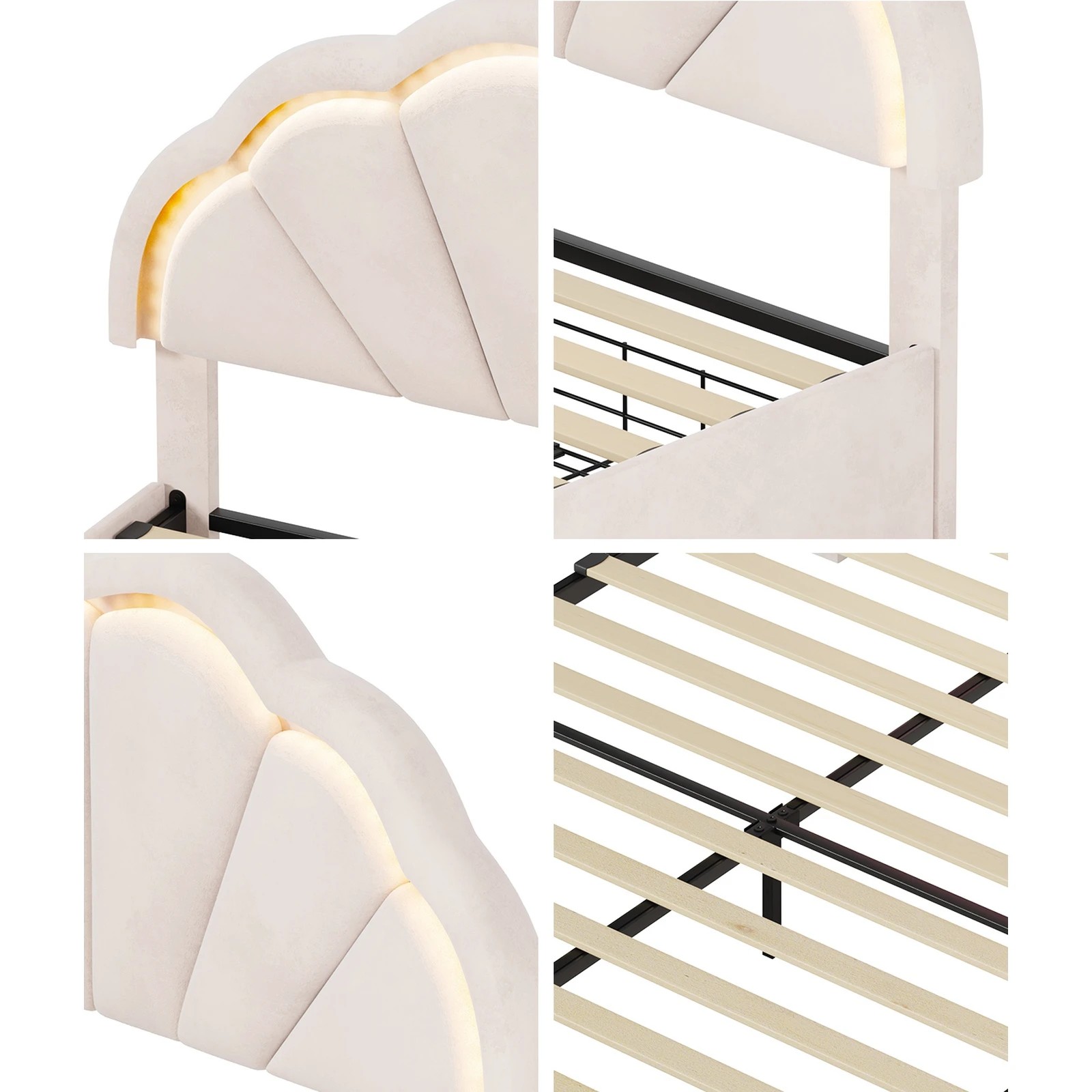 5 Oikiture Double Size Bed Frame LED Shell Headboard with Drawers - Beige, 5 of 6