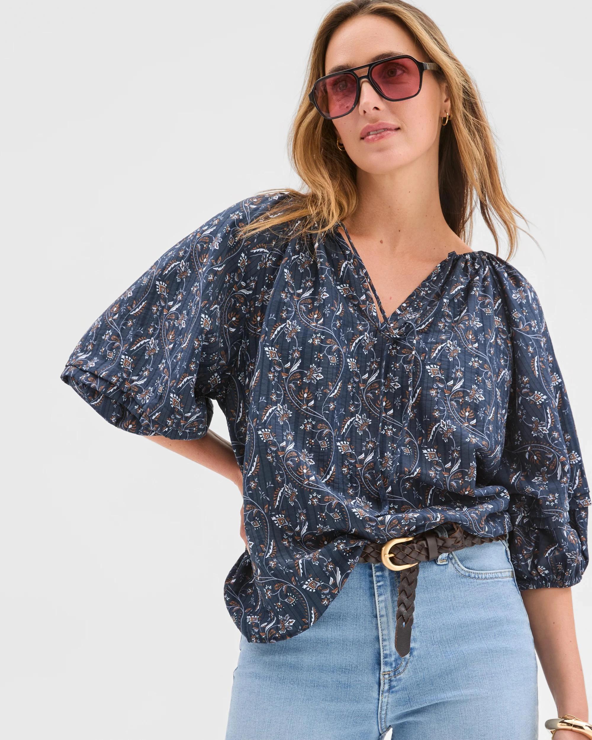 1 Target Woman Tie Detail Tuck Sleeve Blouse VINE FLORAL, 1 of 6