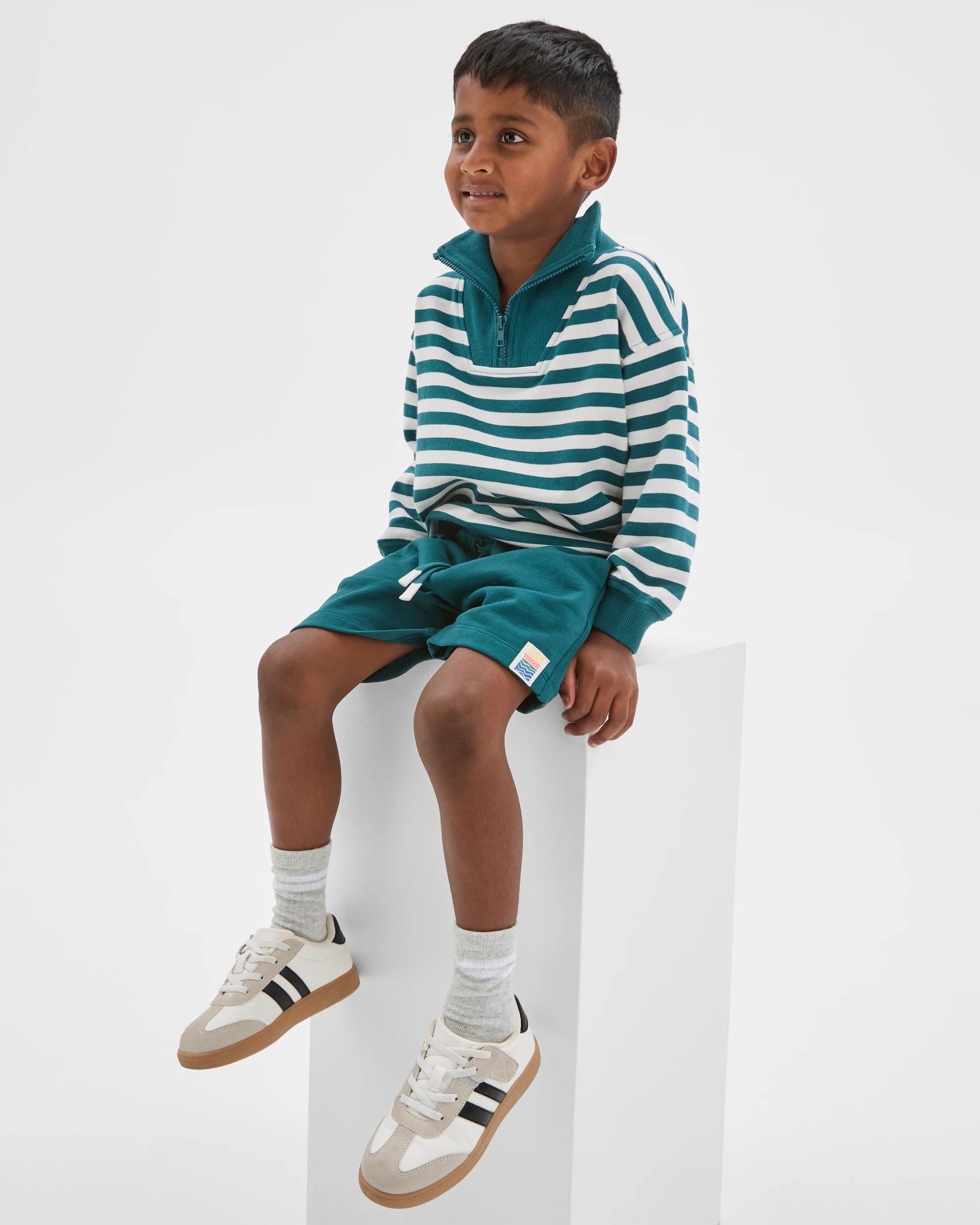 4 Target Kids Australian Cotton 1/4 Zip Jumper & Shorts 2 Piece Set GREEN STRIPE, 4 of 7