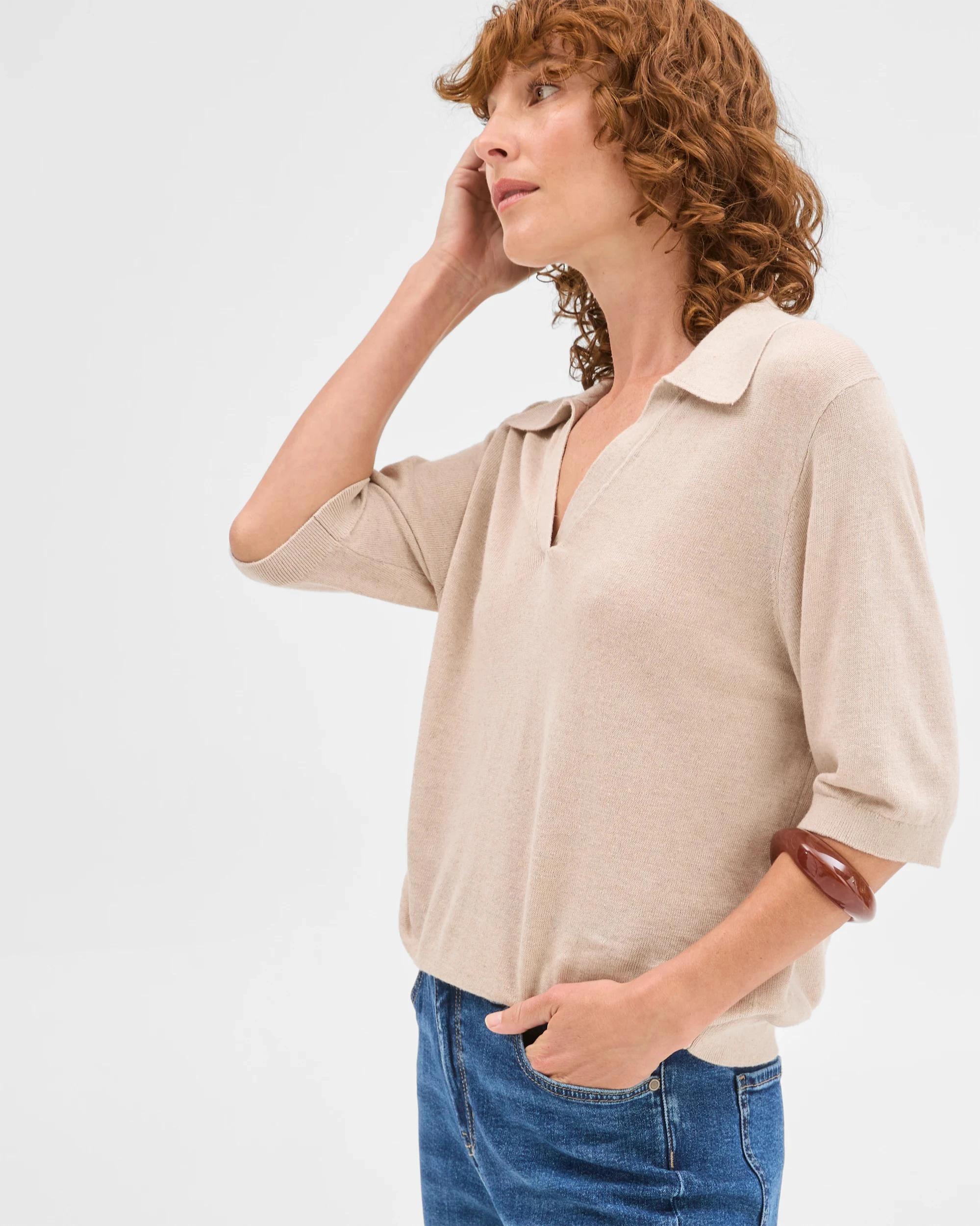 5 Target Woman Linen Blend Short Sleeve Polo Knit Top OATMEAL MARLE, 5 of 6