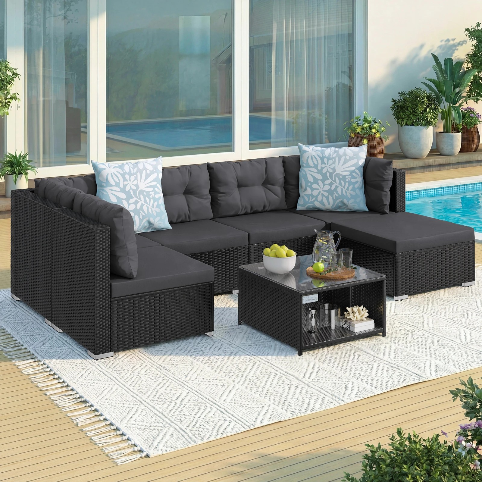 2 Alfordson 6 Seater Outdoor Lounge Setting 7PCS Sofa Set Furniture Patio - Black, 2 of 10