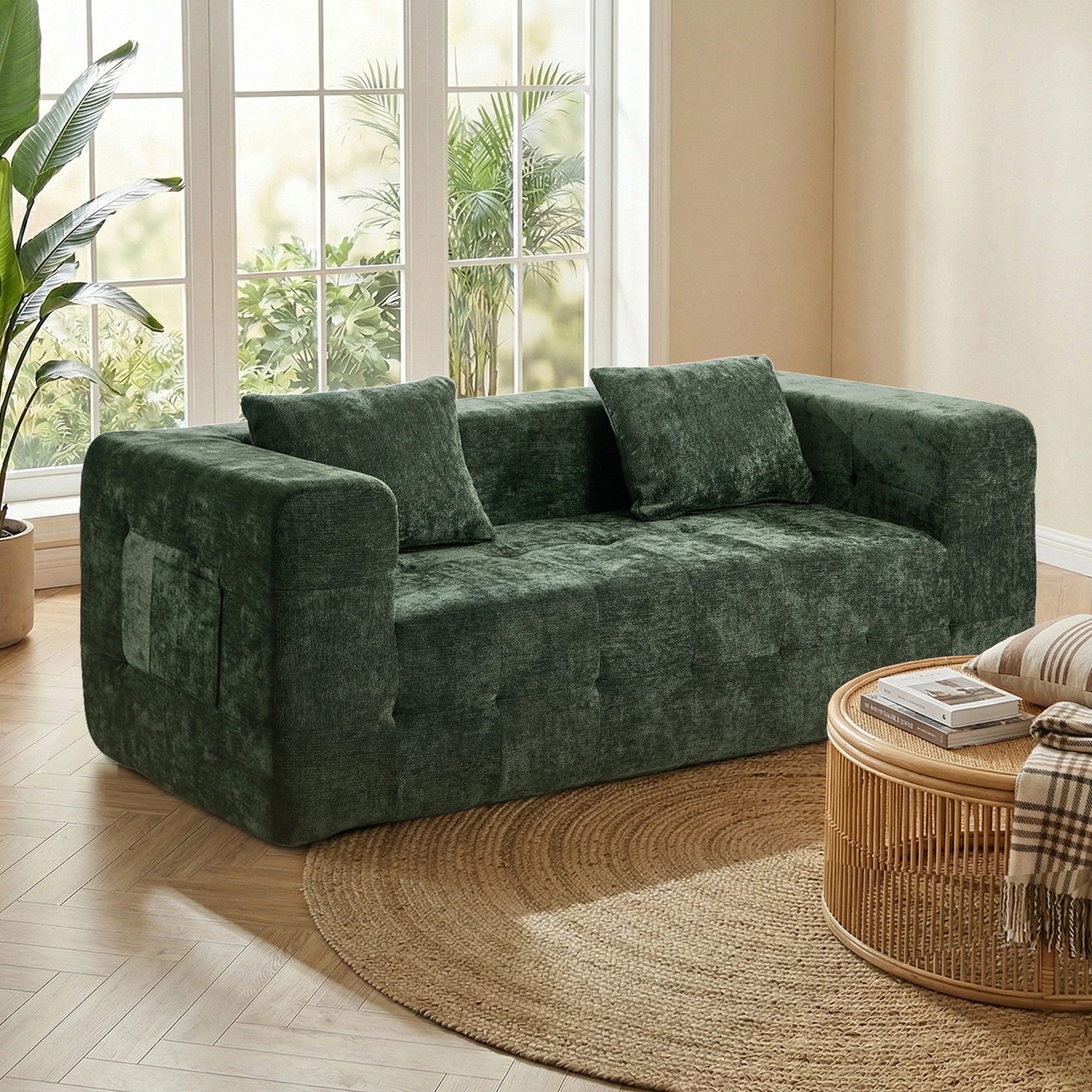 3 Oikiture Compressed Sofa in a Box Button Tufting Chenille - Green, 3 of 5