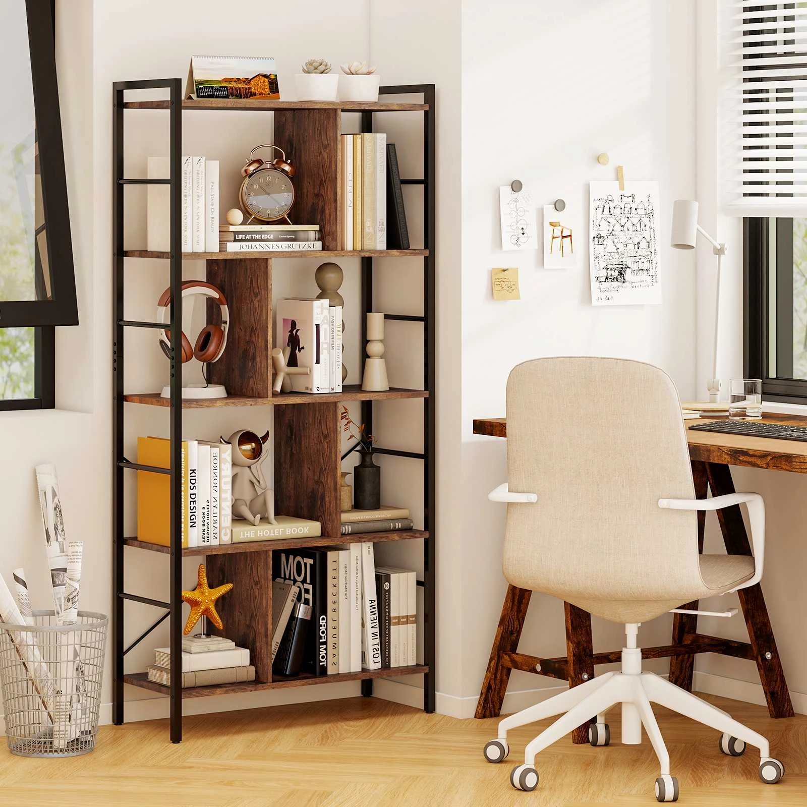 2 Costway 5-Tier Industiral Bookcase Bookshelf Wood Display Storage Home Office - Brown, 2 of 4