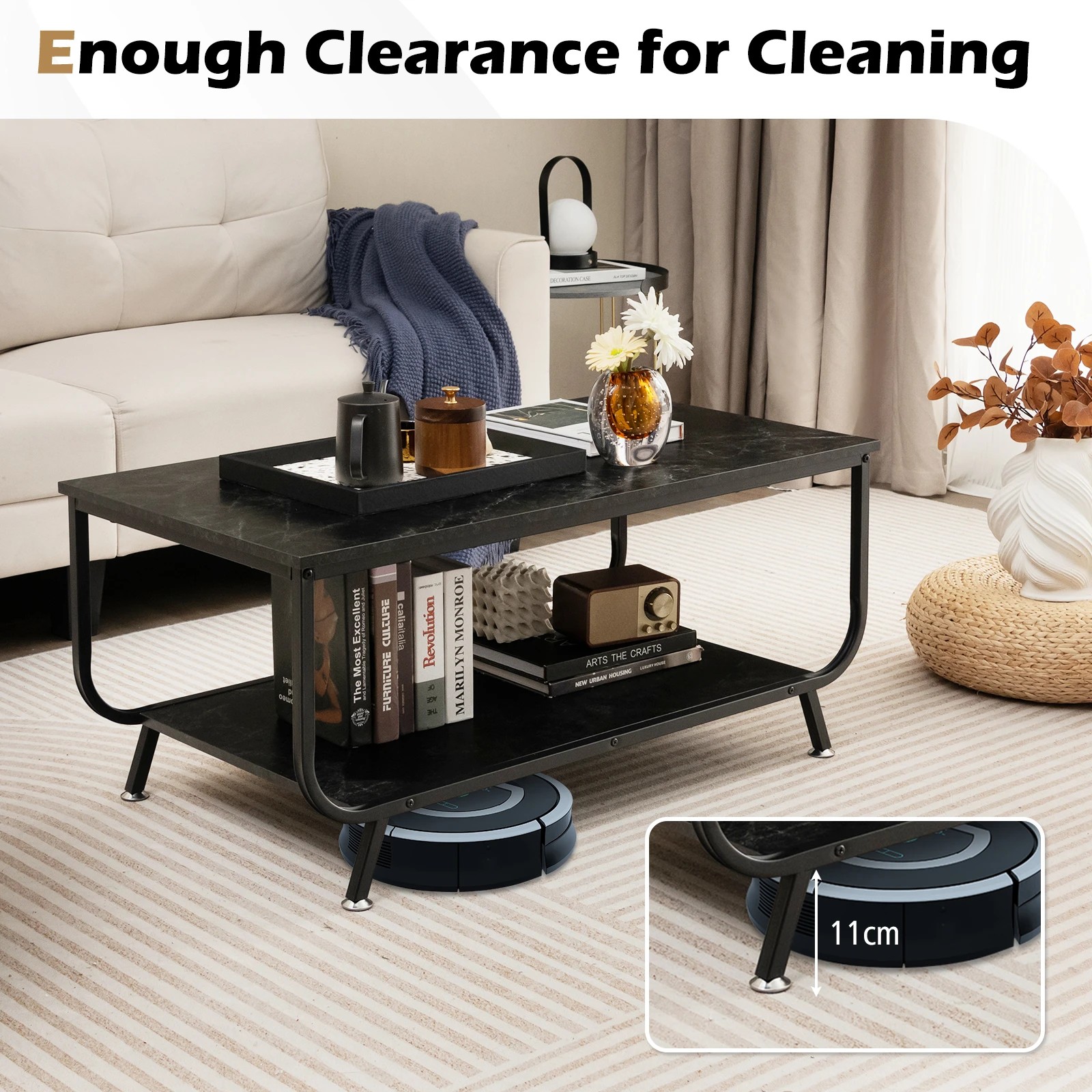 5 Costway 2-Tiers Faux Marble Coffee Table Rectangular Center Table, 5 of 8