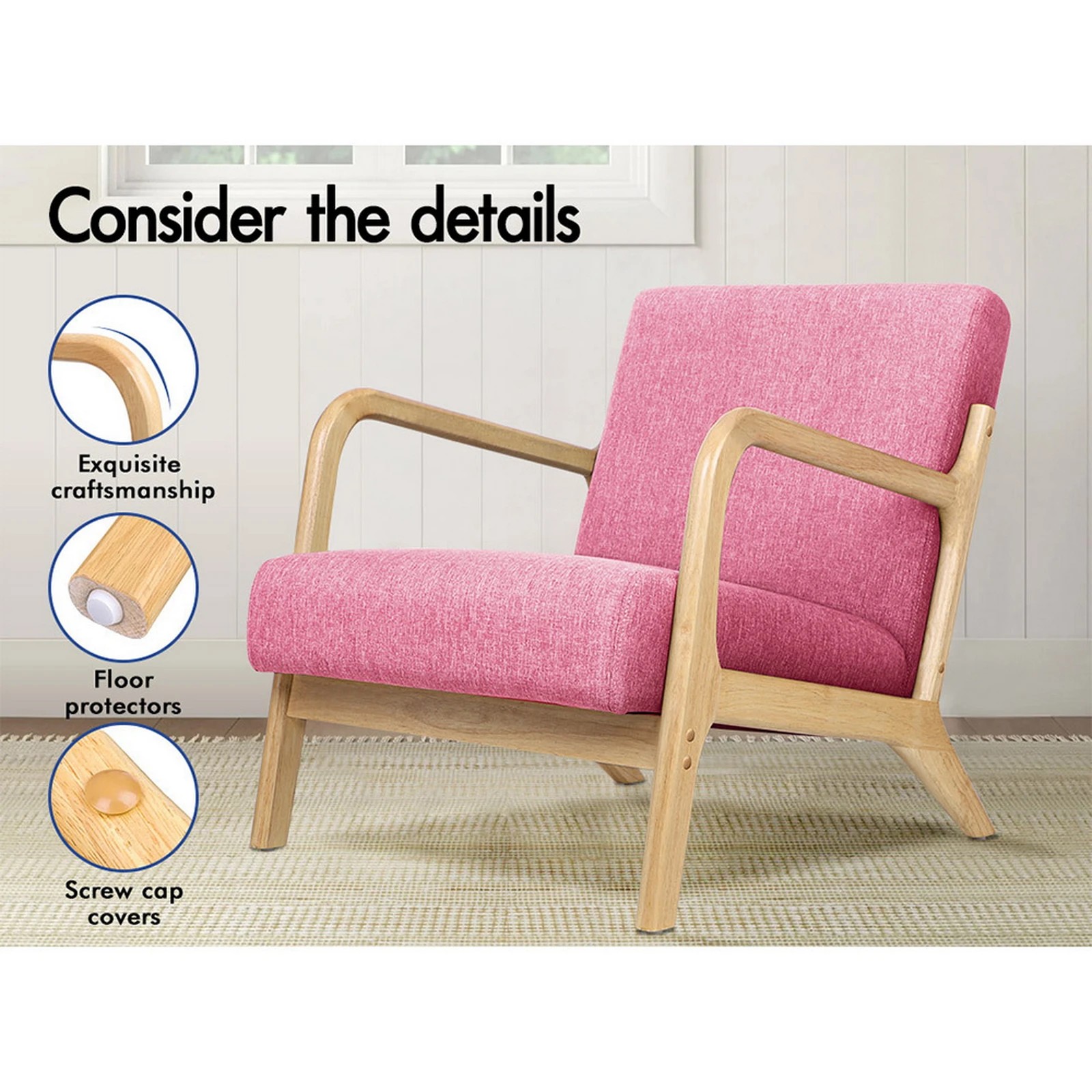 7 Alfordson Armchair Lounge Chair Fabric Accent Chairs Wooden Sofa Couch - Pink, 7 of 9