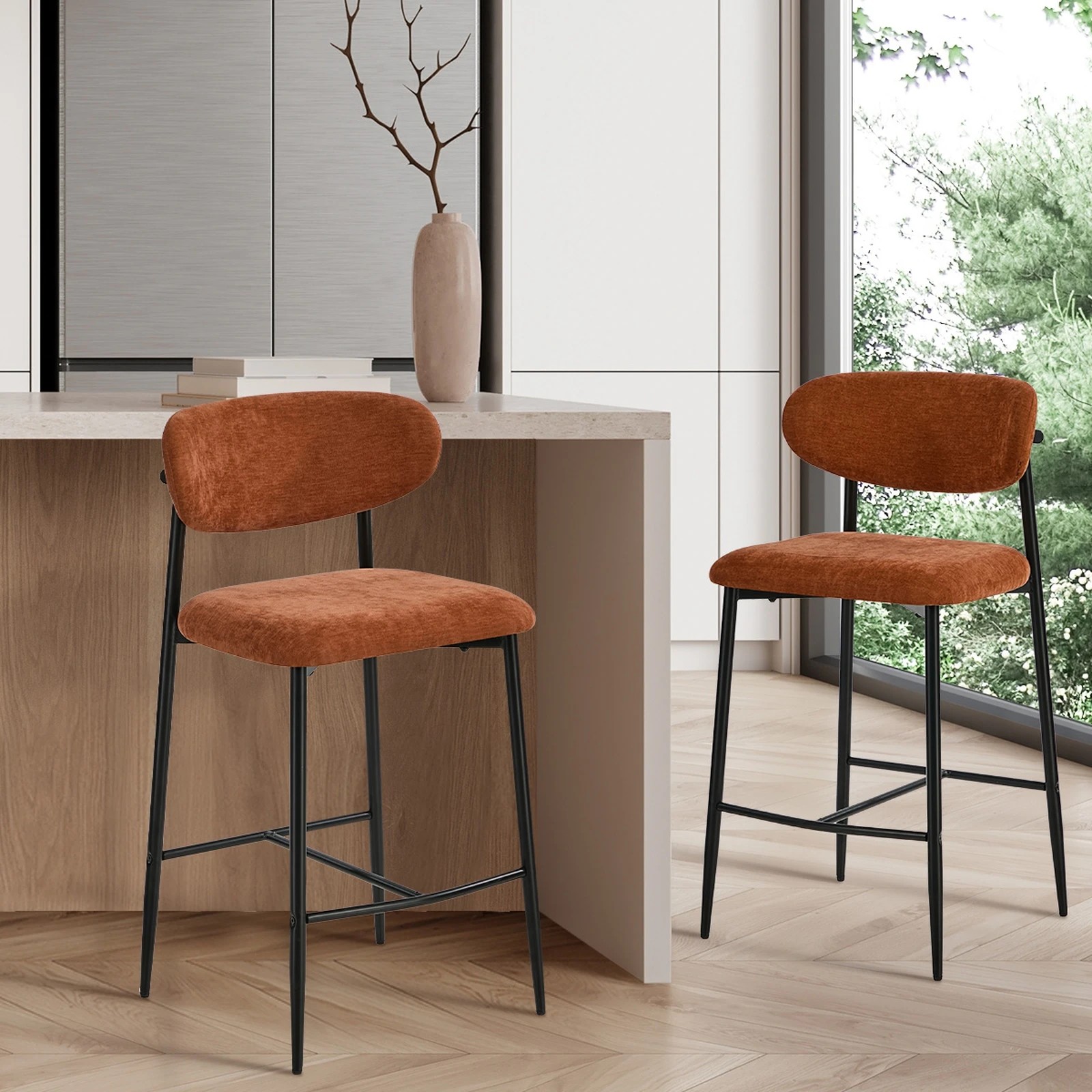 4 Oikiture 2x Bar Stools Kitchen Stool Counter Chair Fabric Organe - Orange, 4 of 8