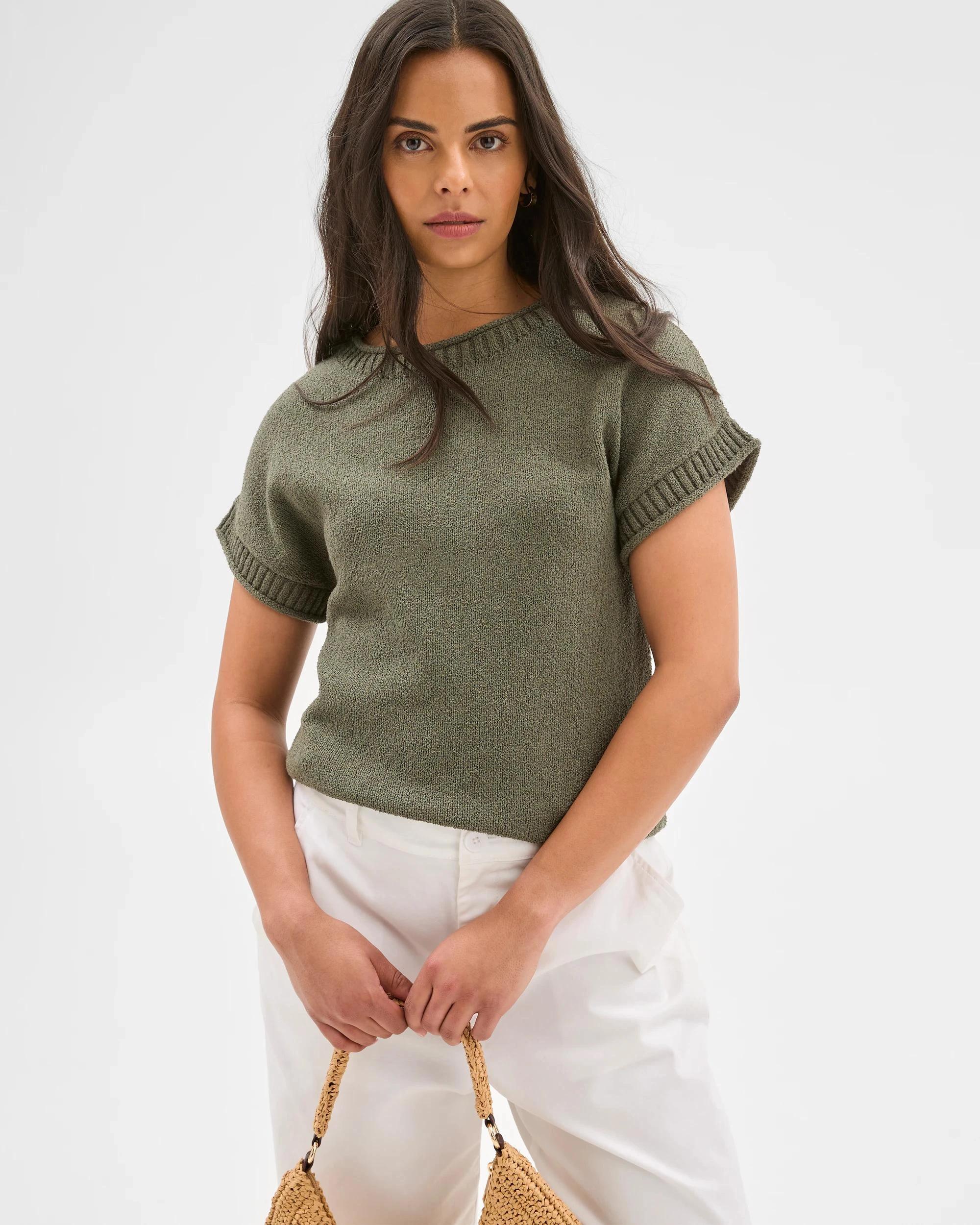 1 Target Australian Cotton Blend Boucle Roll Trim Knit Top DUSTY KHAKI, 1 of 6