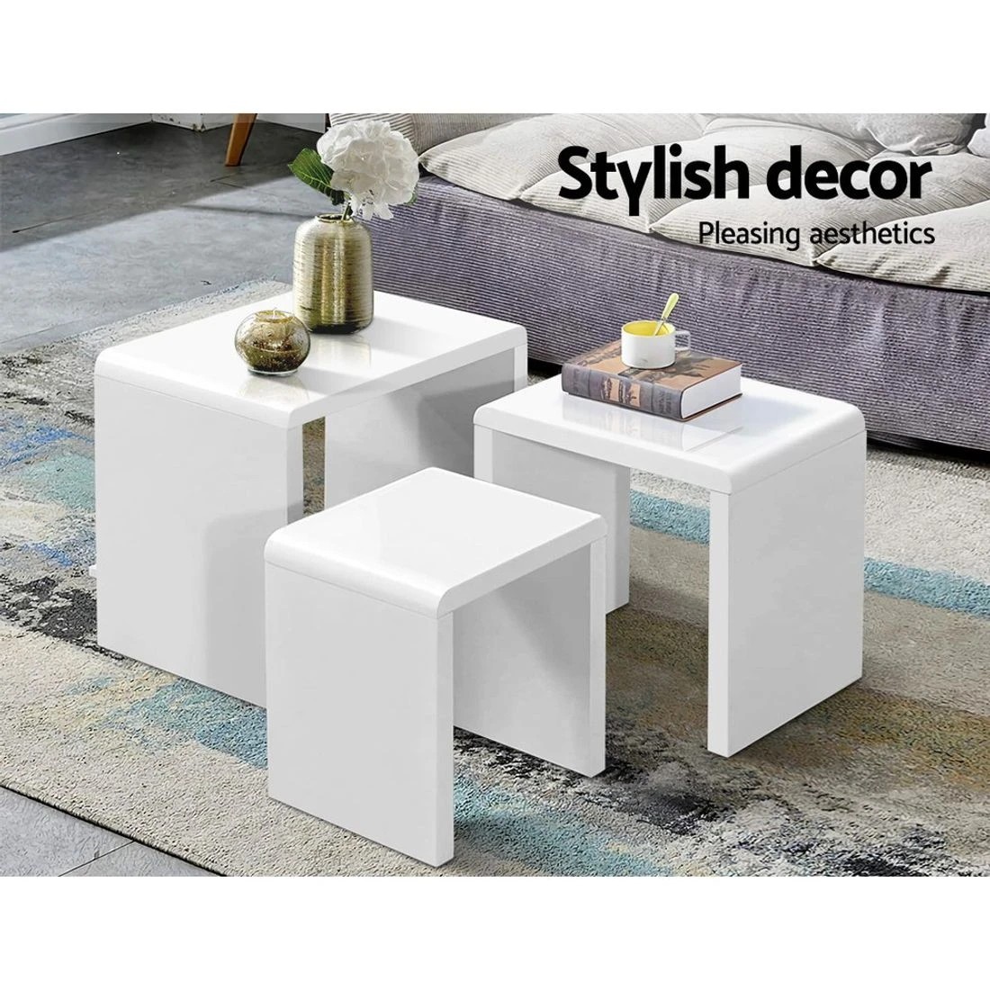 5 Artiss Nesting Coffee Table Set of 3 Glossy - White, 5 of 8