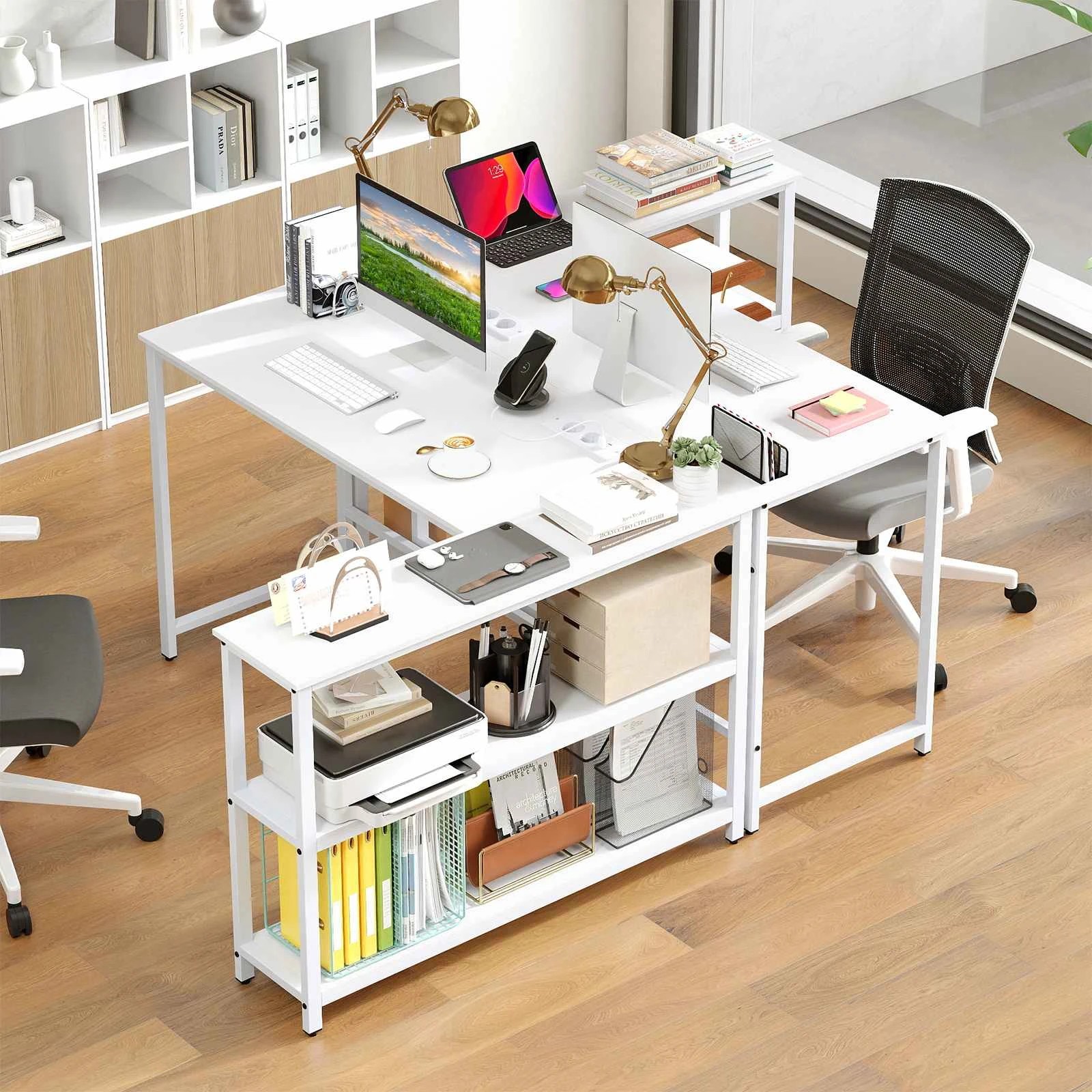 3 Costway L-Shaped Computer Desk w/Charging Station Corner Study Writing Table, 3 of 6